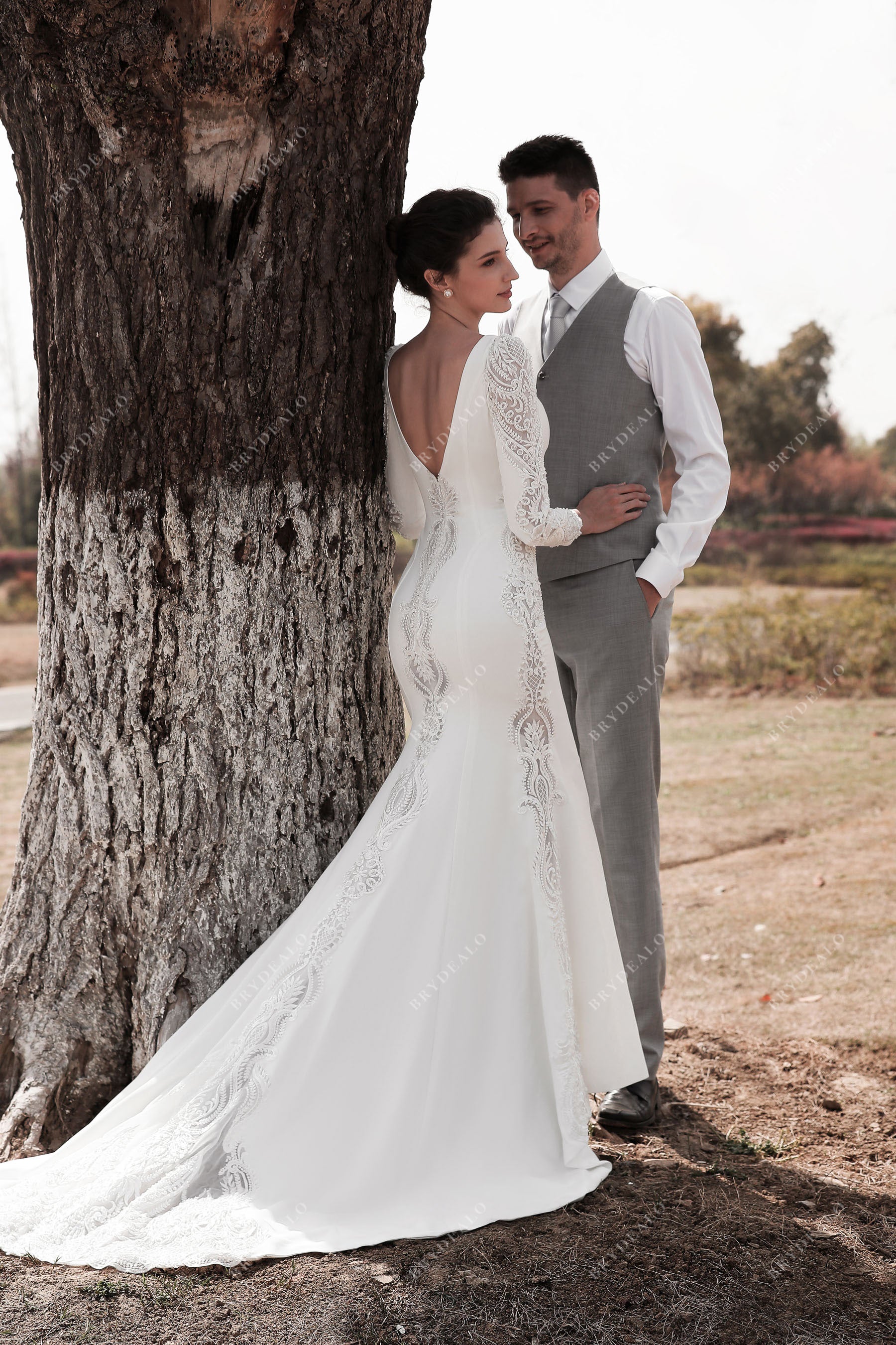 Beaded Sleeves Elegant Crepe Mermaid Bridal Gown