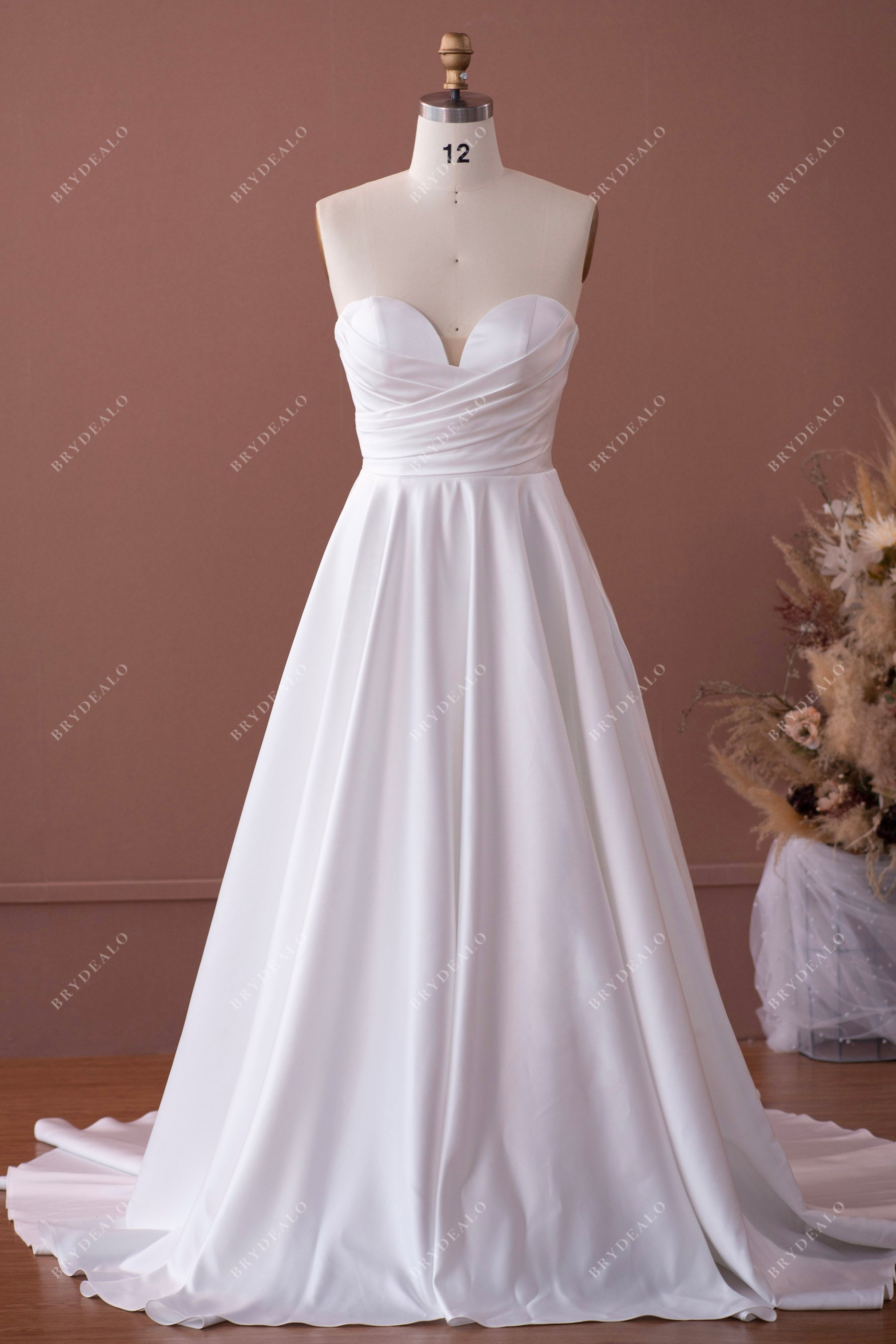 elegant pleated neckline satin A-line wedding dress
