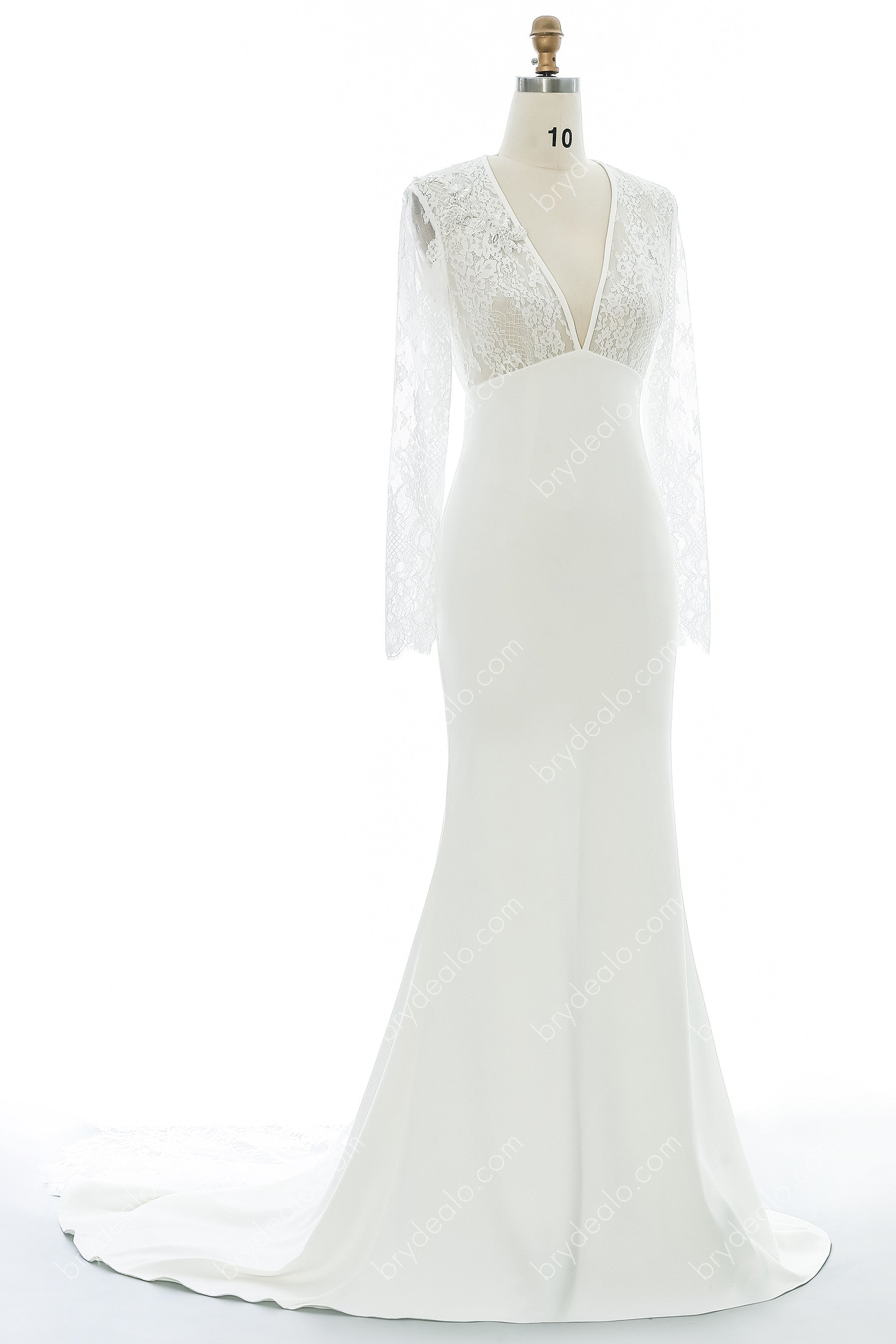 Sheer Sleeves Elegant Illusion Lace Crepe Mermaid Wedding Dress