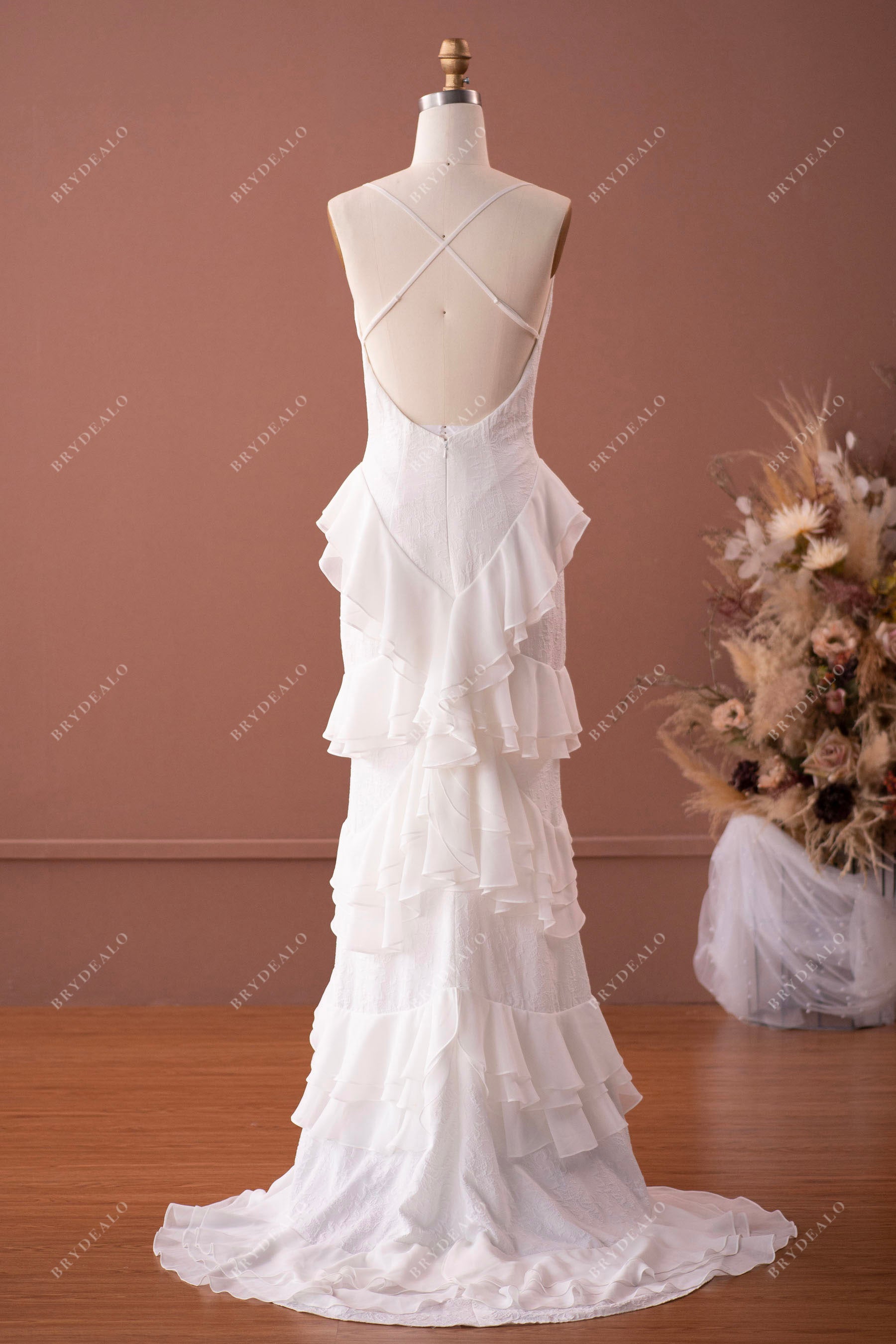 elegant strap ruffled chiffon lace wedding dress