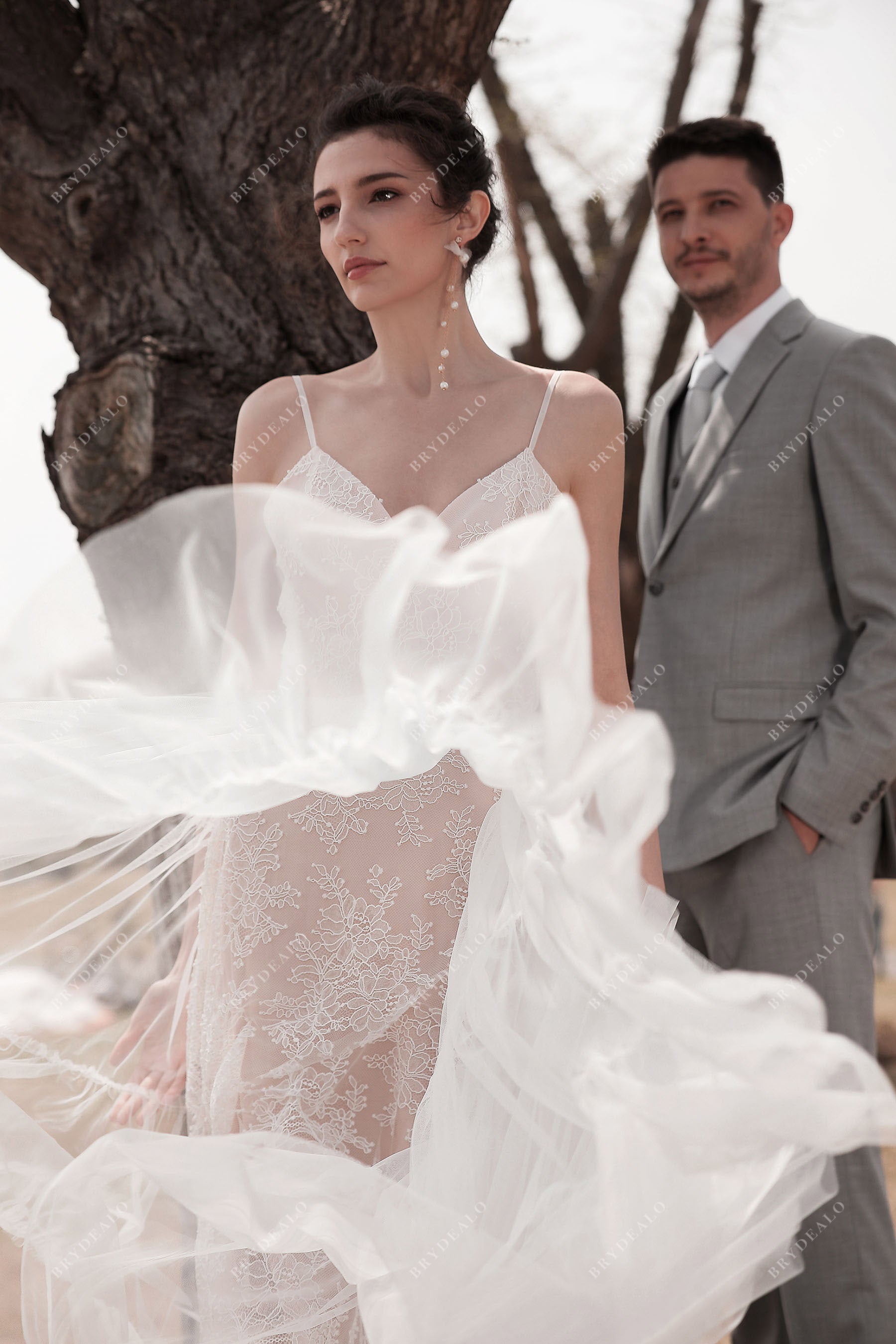 Ethereal Spaghetti Strap Pink Beach Wedding Dress