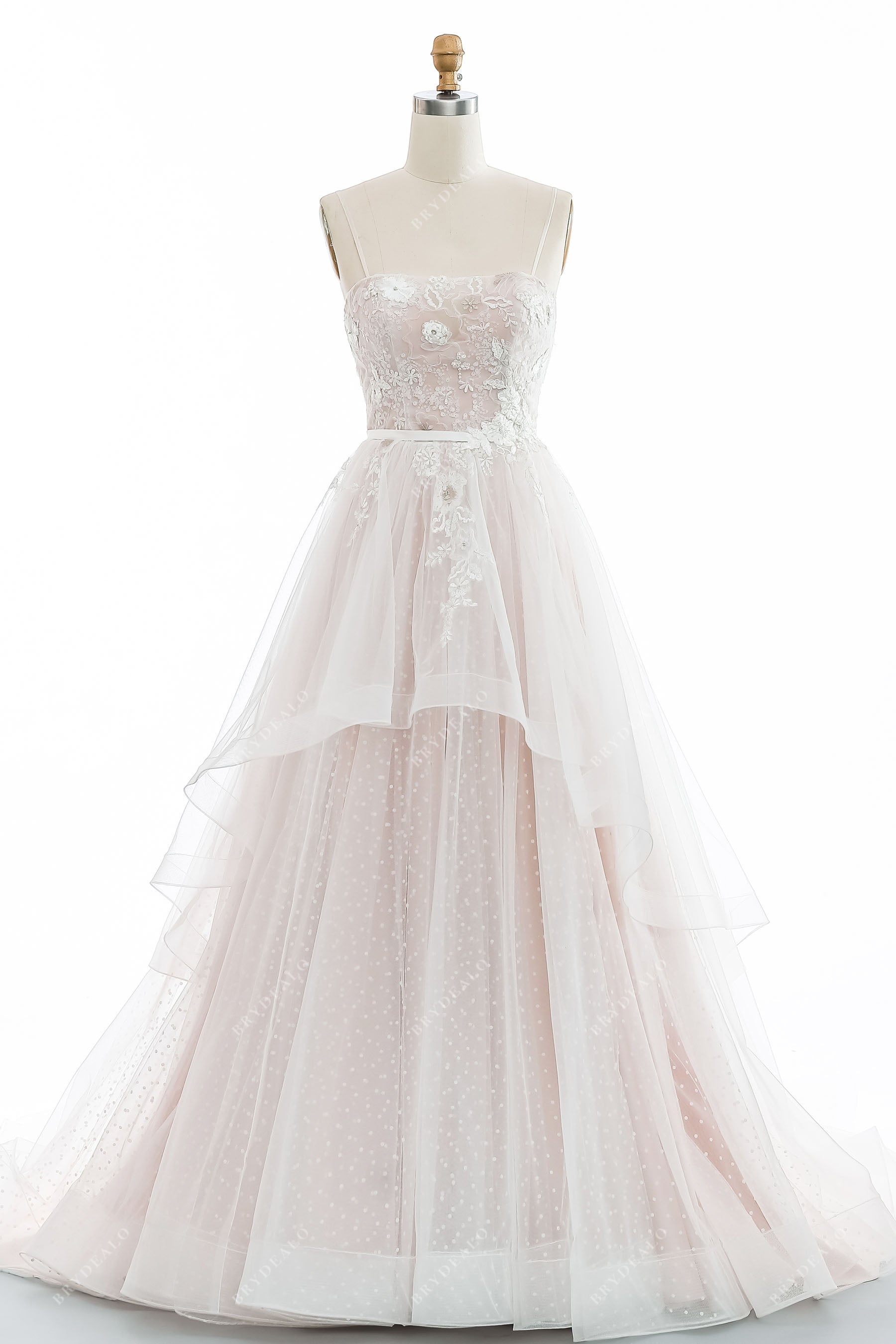 fairy dot lace spaghetti straps chapel train bridal ball gown