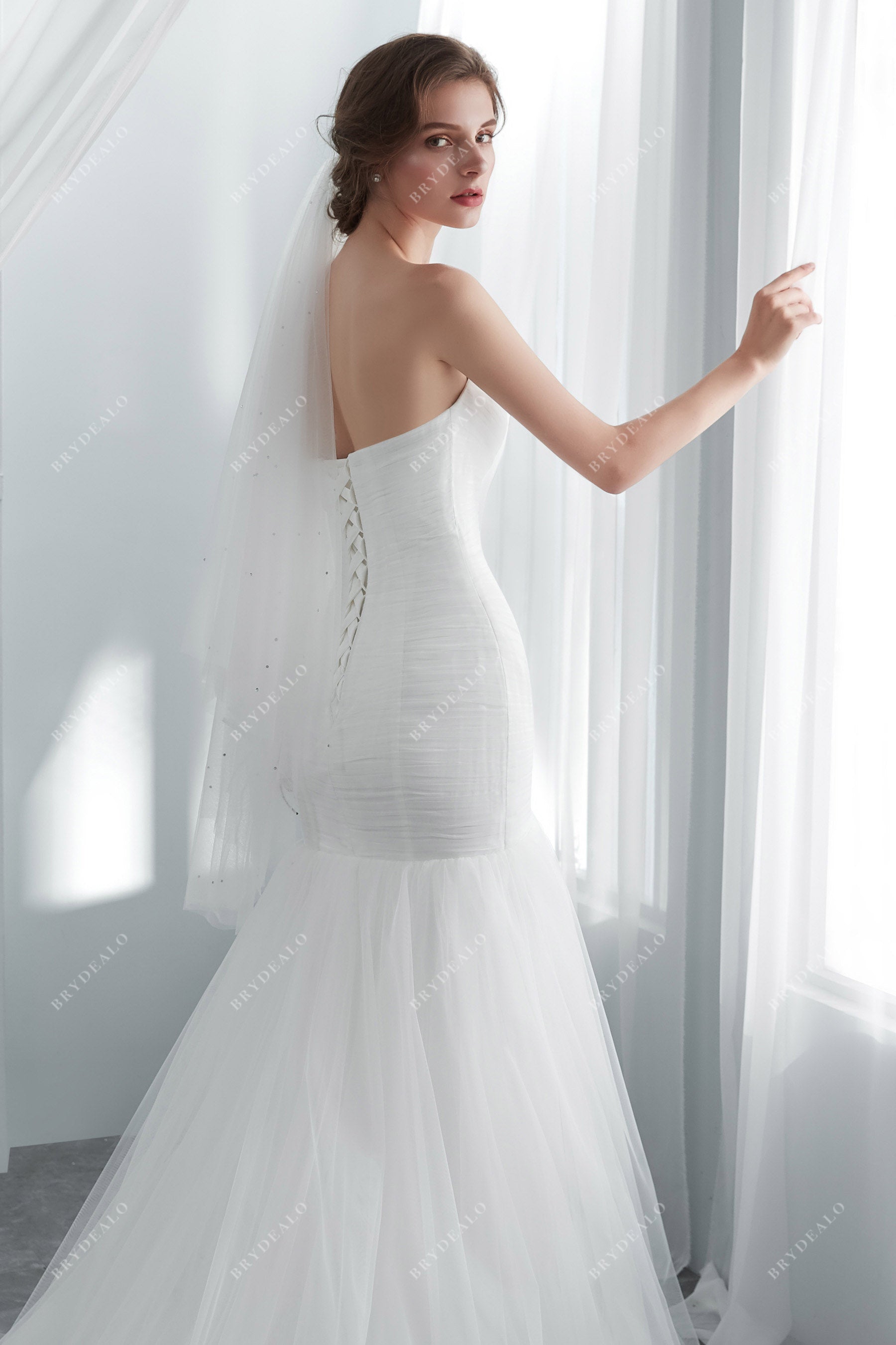 Lace-up Pleated Trumpet Wedding Gown