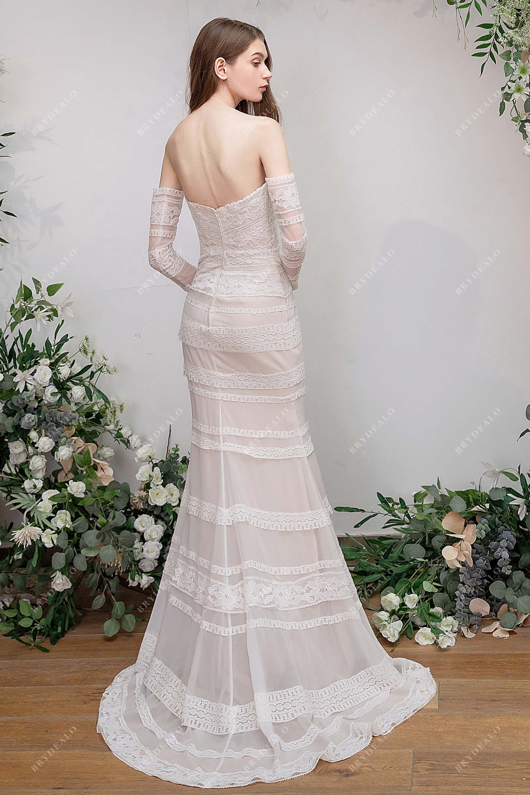 fit and flare off-shoulder lace bridal dress