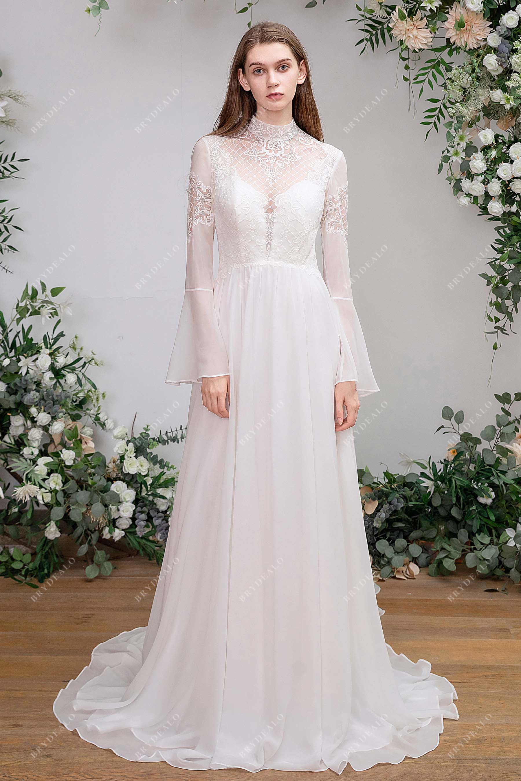 fit and flare sleeves turtle neck lace chiffon bridal gown