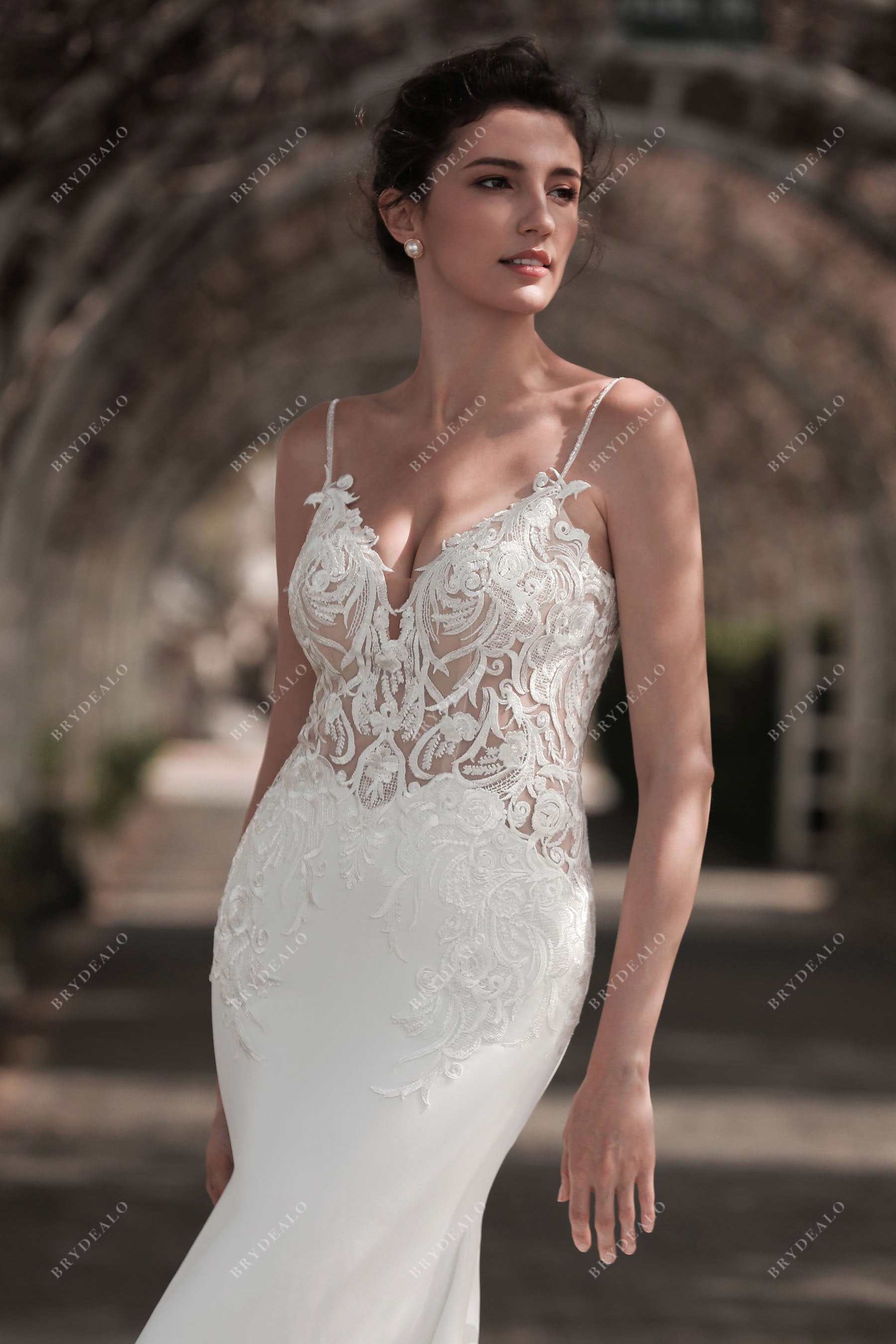 flattering lace crepe long mermaid bridal dress