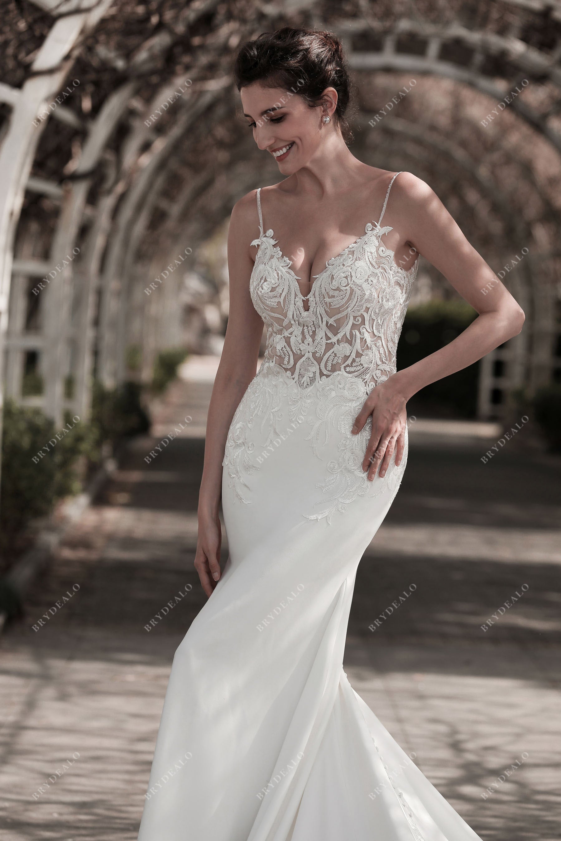 flattering lace crepe long mermaid wedding dress