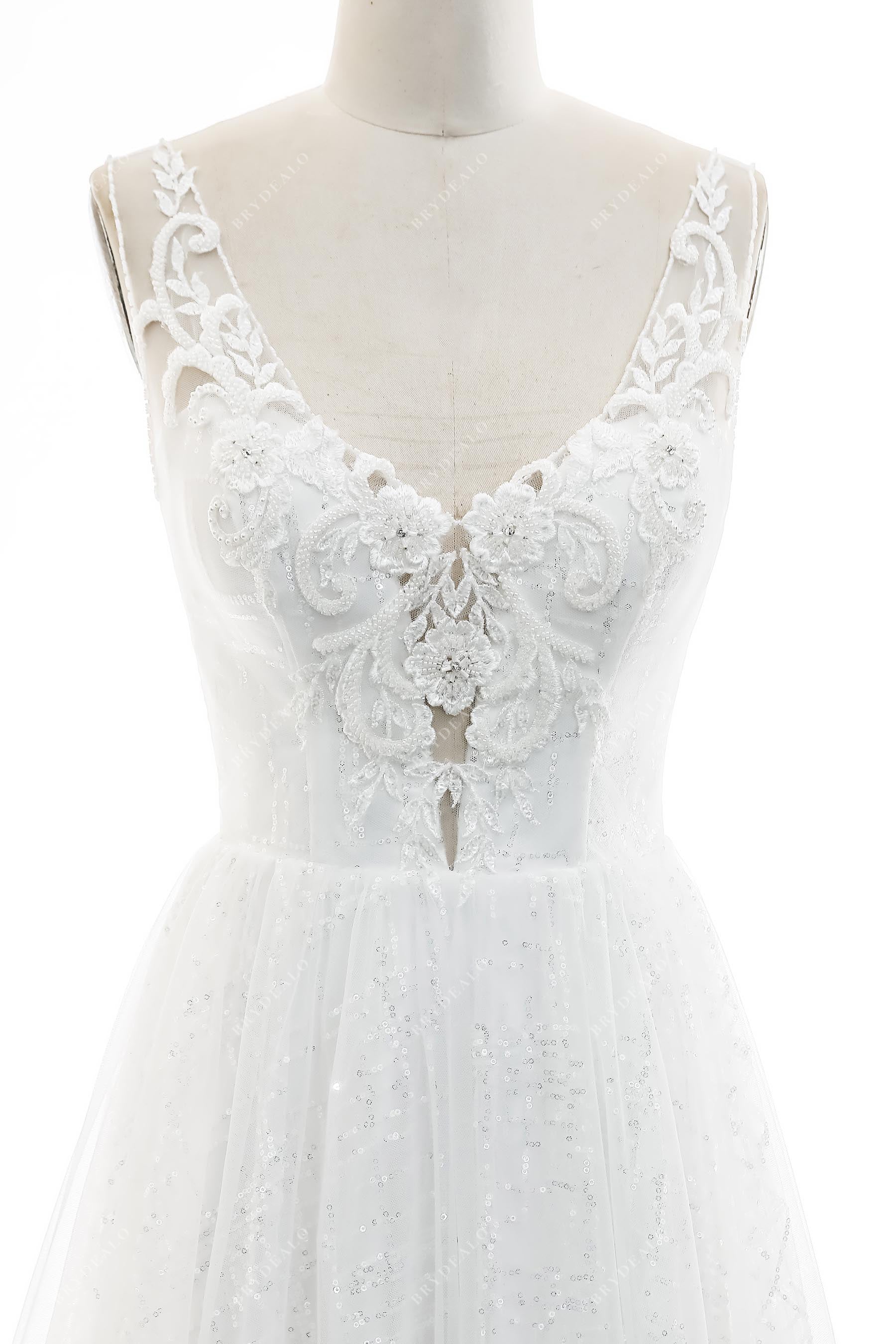 Floral Beaded Lace Plunging V-neck Bridal Dress