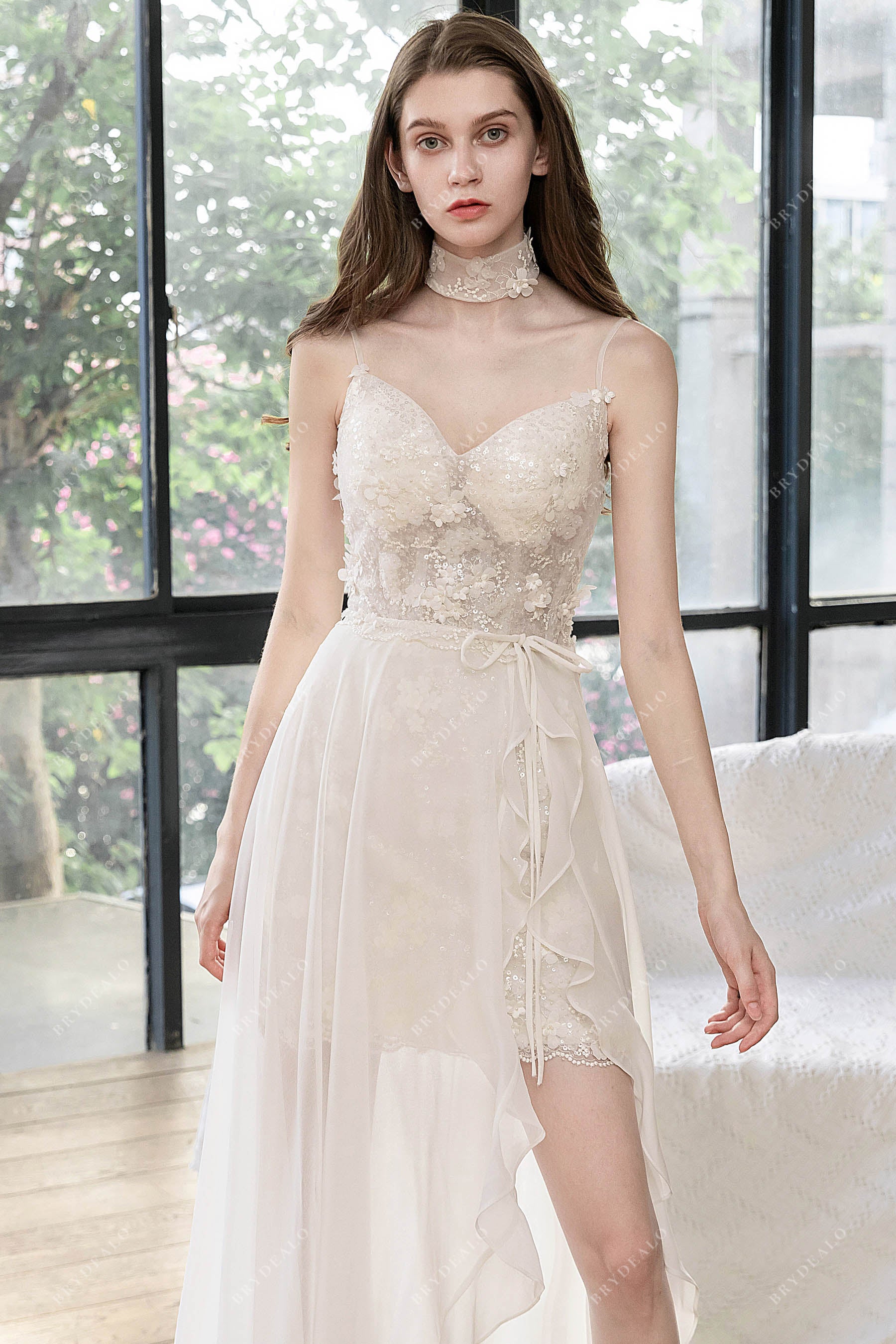 flower lace slit chiffon wedding gown