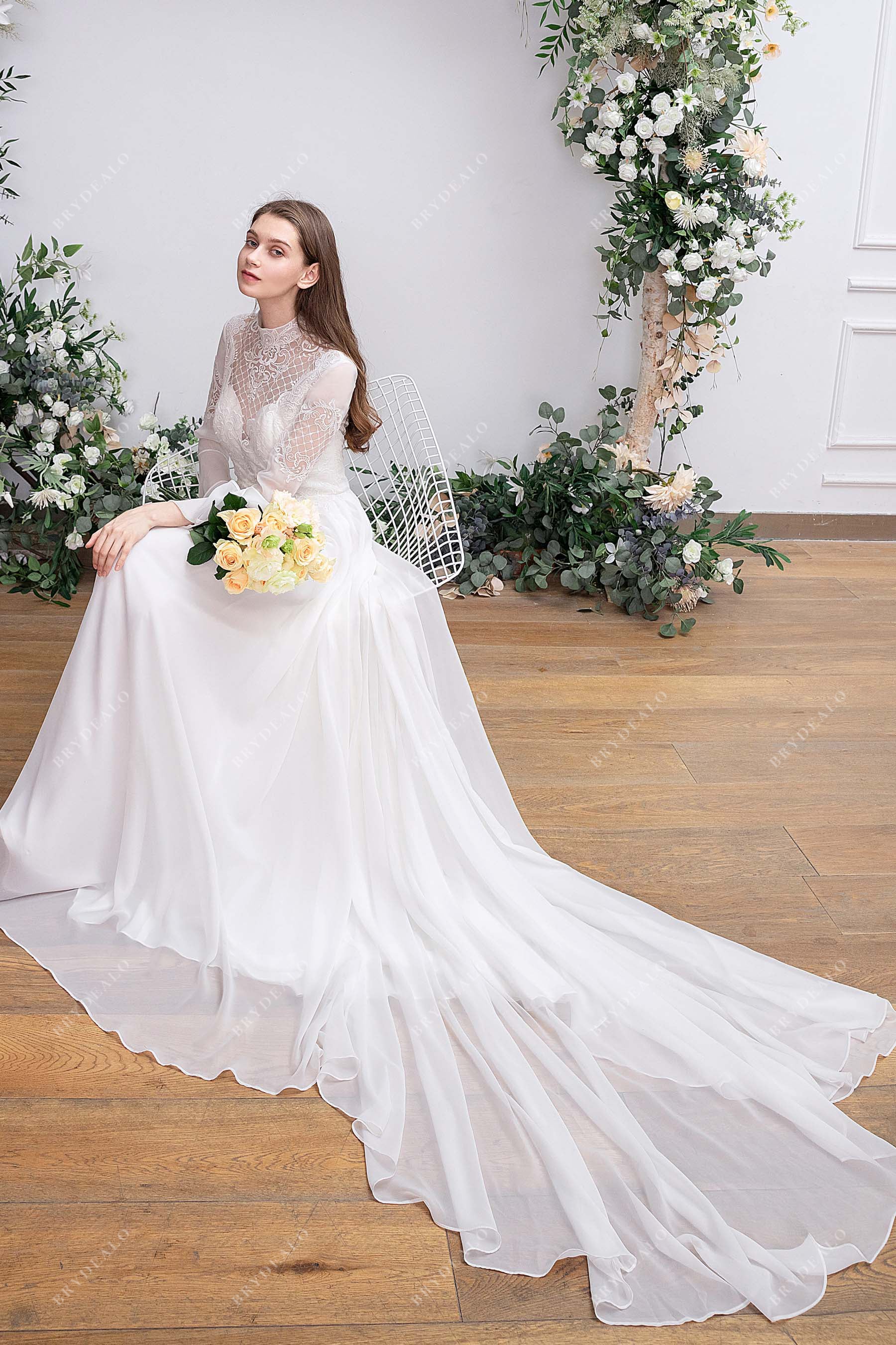flowy chiffon chapel train fit and flare sleeves bridal gown