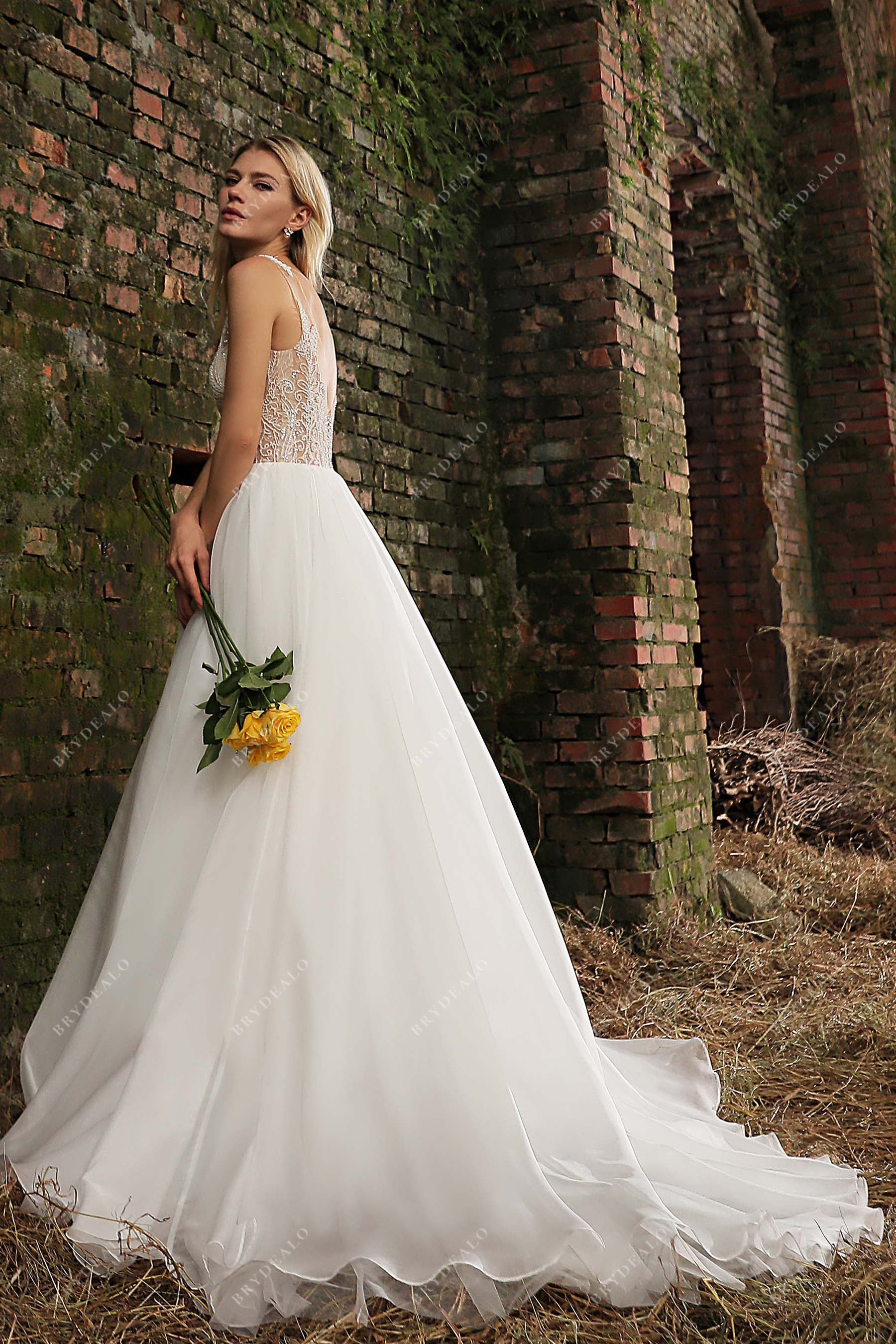 flowy organza A-line short train wedding gown