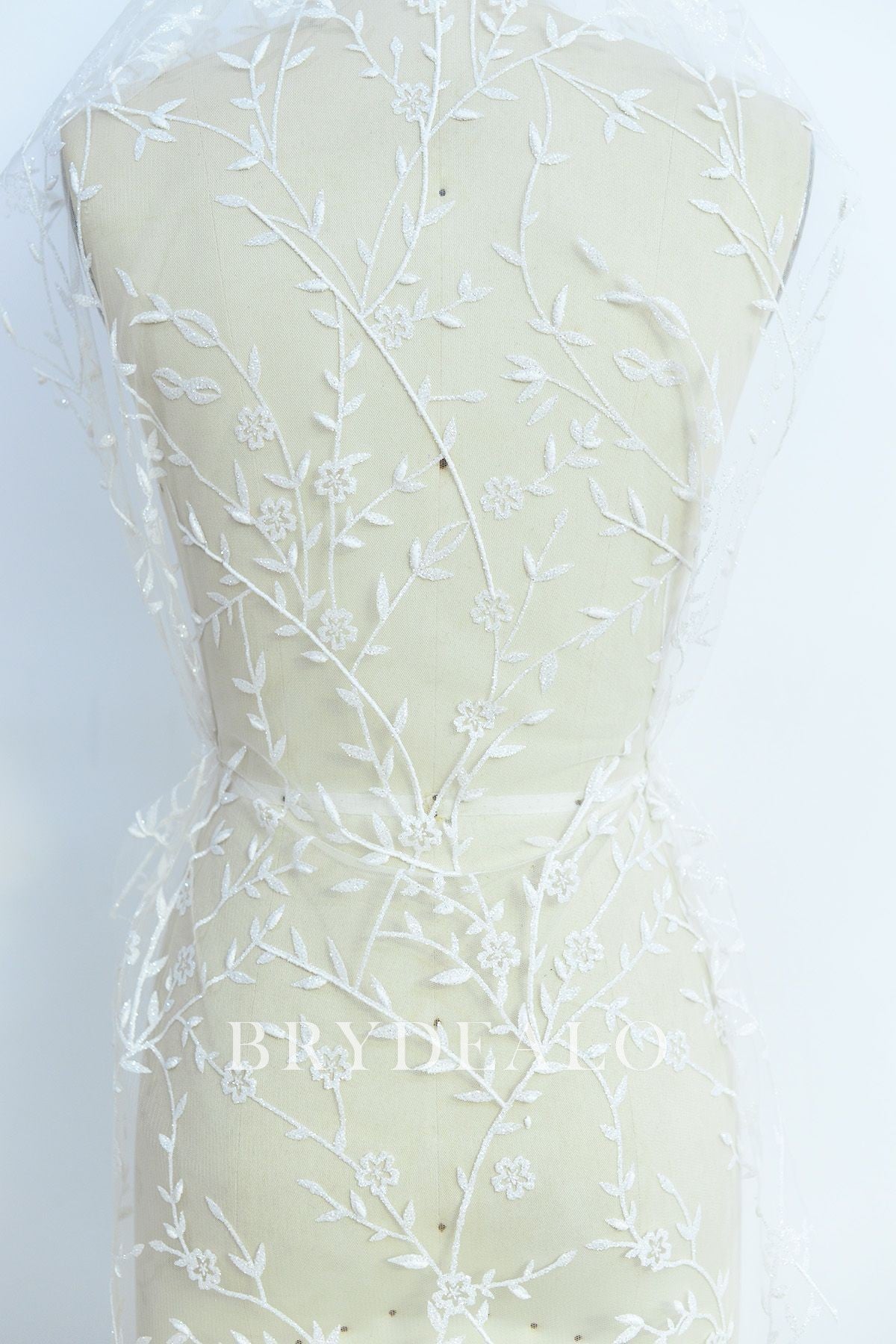 Glittery Leaf Motif Bridal Lace Fabric