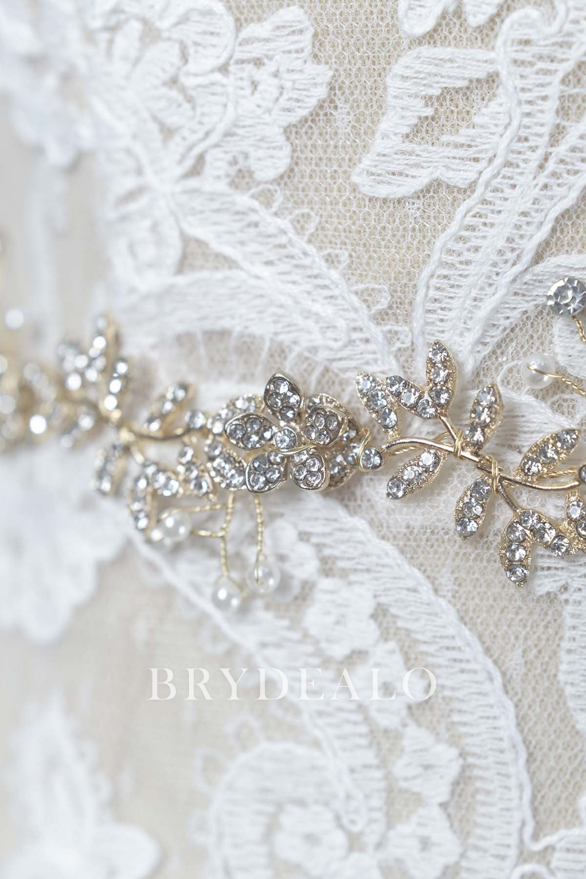 Golden Vine Bridal Sash with Crystals and Pearls for Wedding Dress