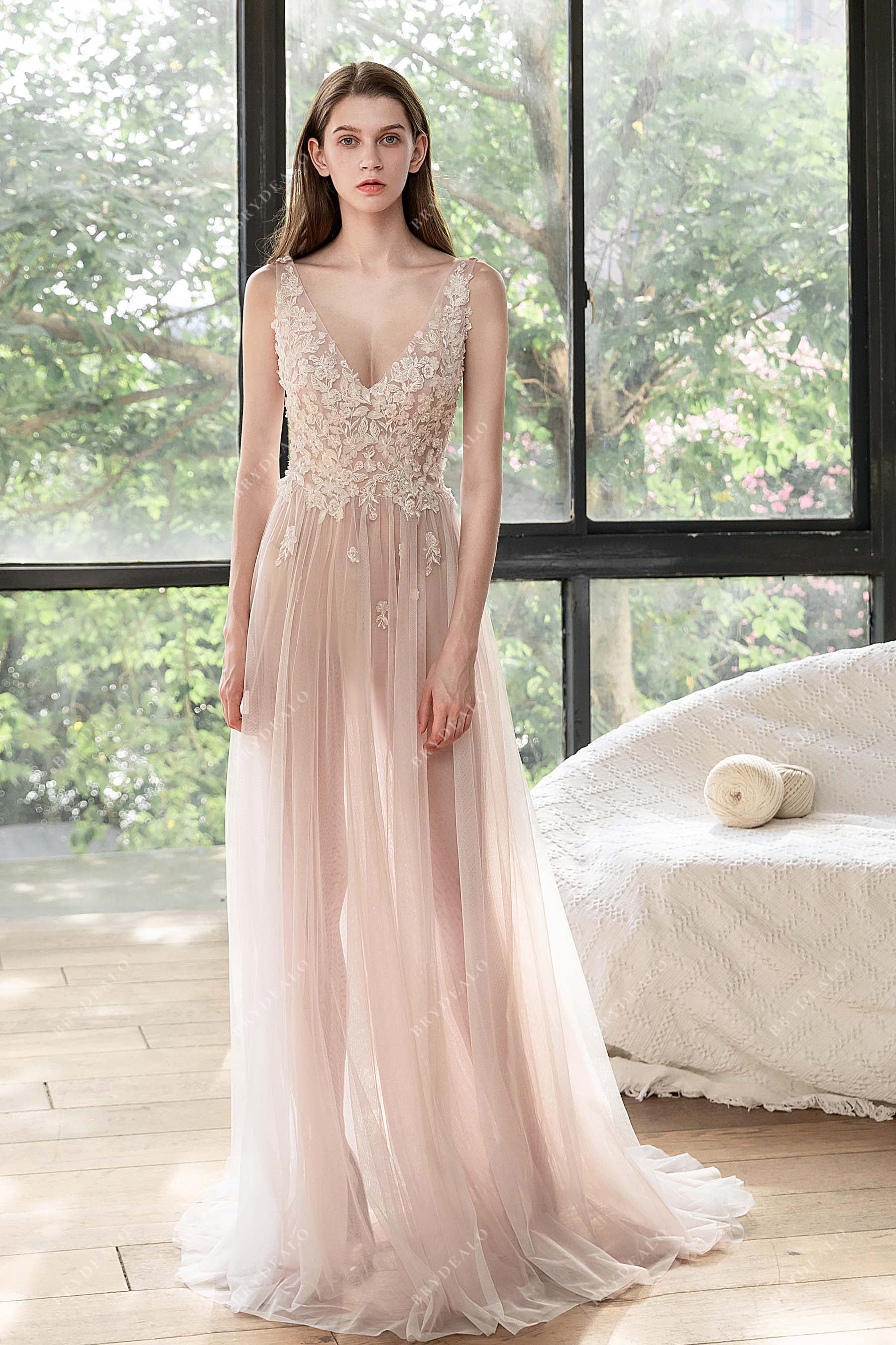 Beaded Lace V-neck Dusty Rose Beach A-line Wedding Dress