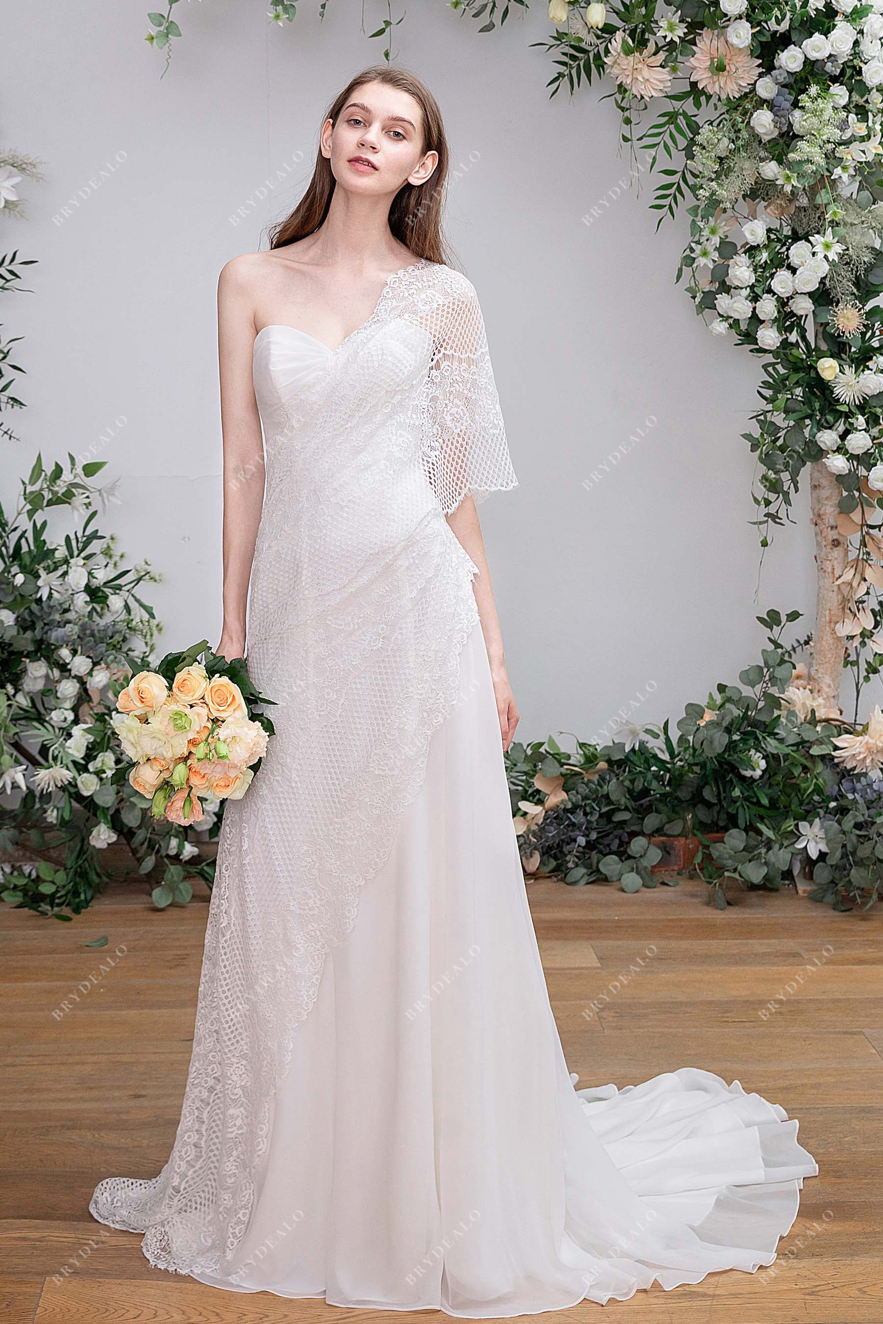 grecian one shoulder lace fit and flare chiffon wedding gown