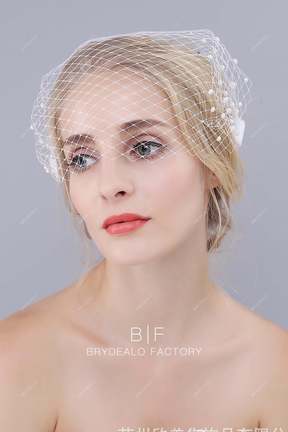 Half Cut Pearls Bandeau Birdcage Veil Blusher Wedding Veil