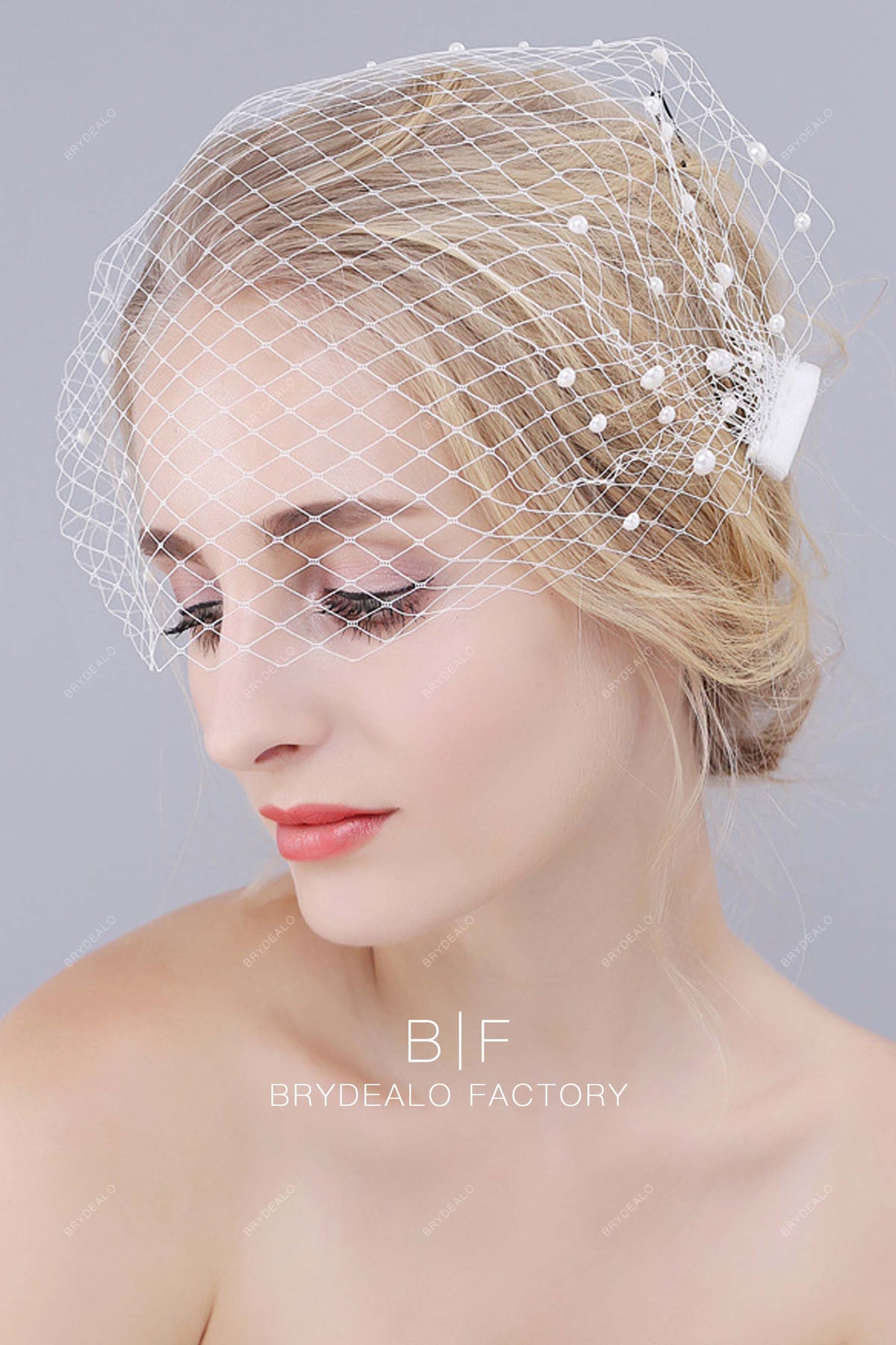 Half Cut Pearls Bandeau Birdcage Veil Blusher Wedding Veil