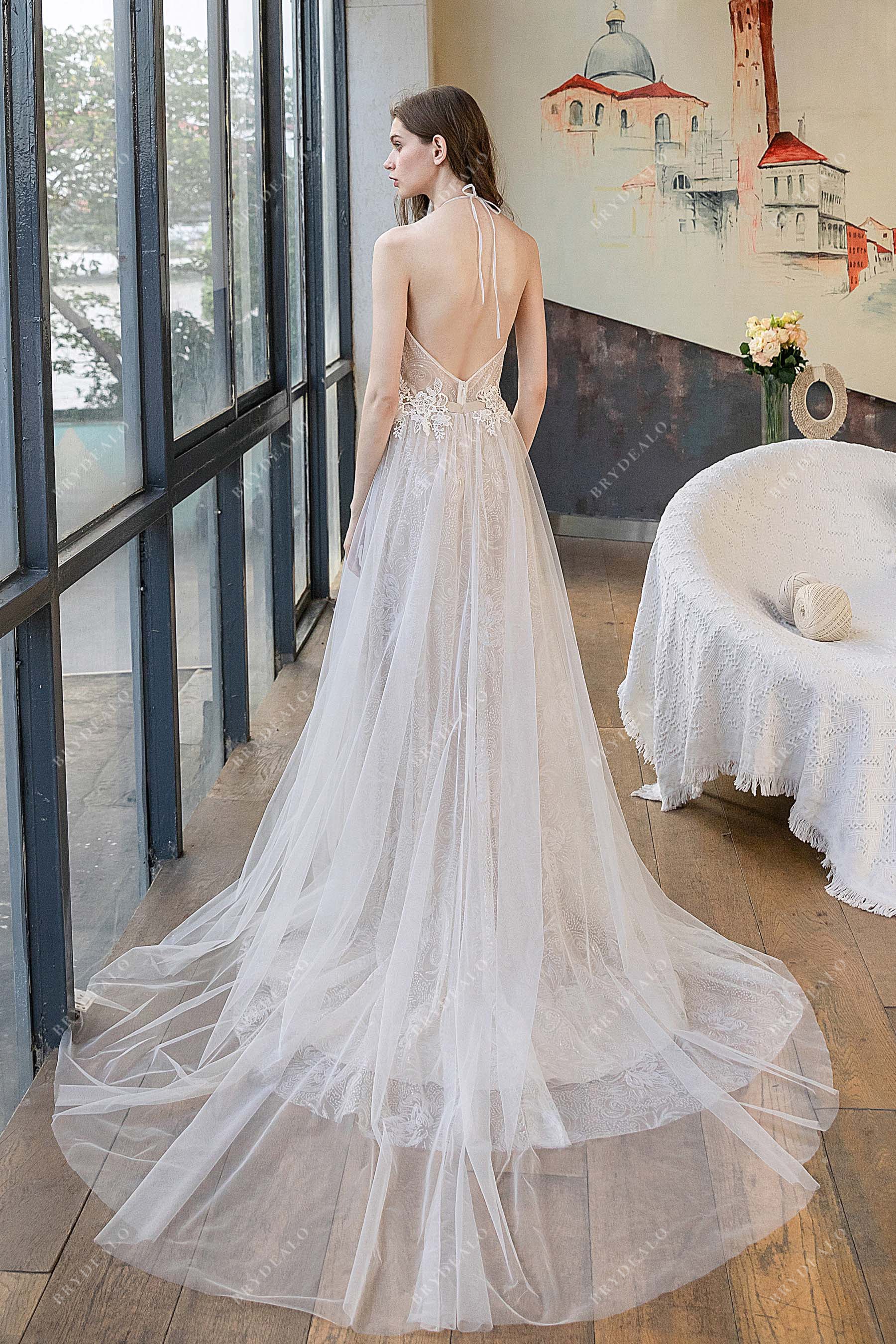 Halter Open Back A-line Tulle Lace Wedding Dress