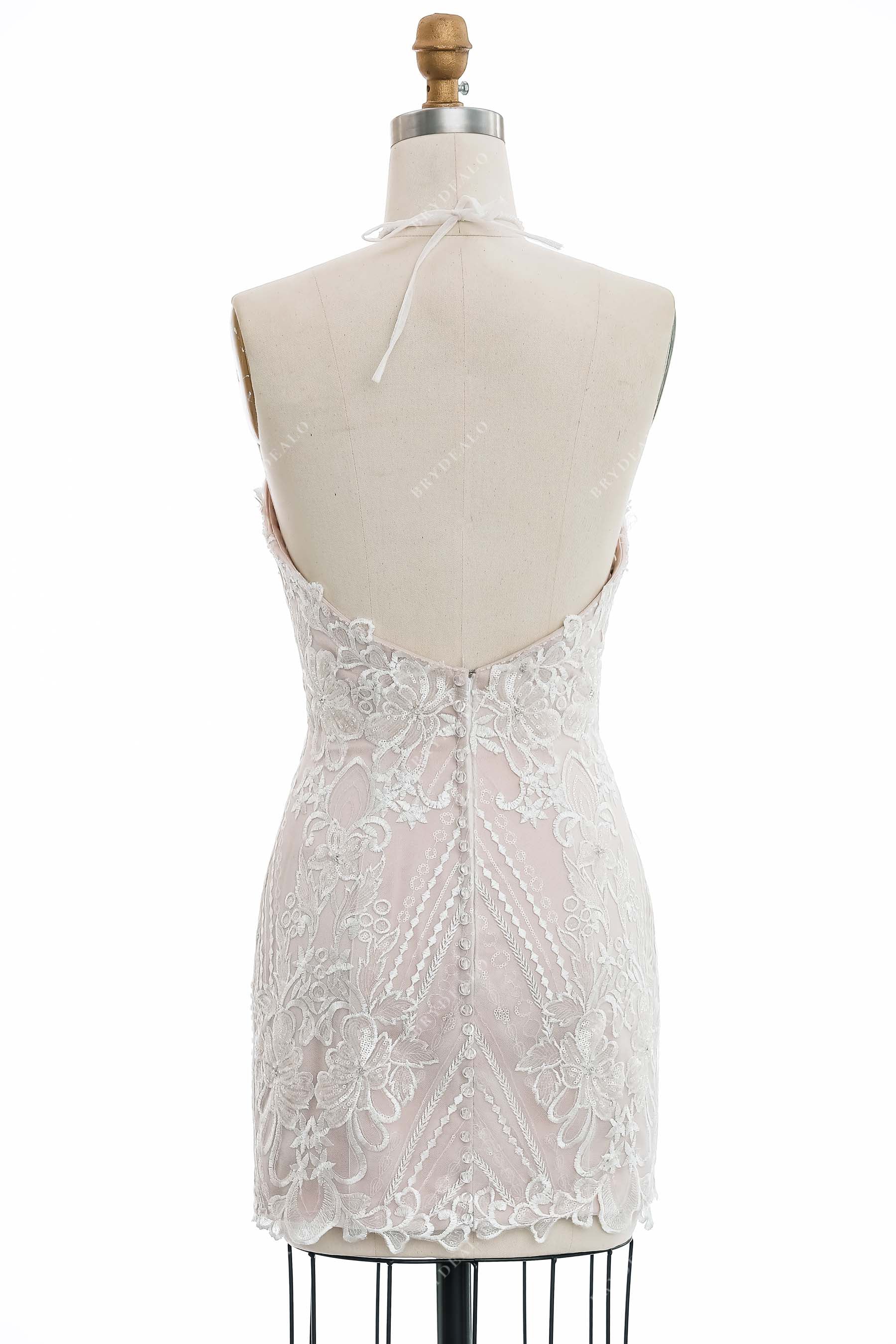 halter open back ivory lace overlaid short bodycon bridal dress