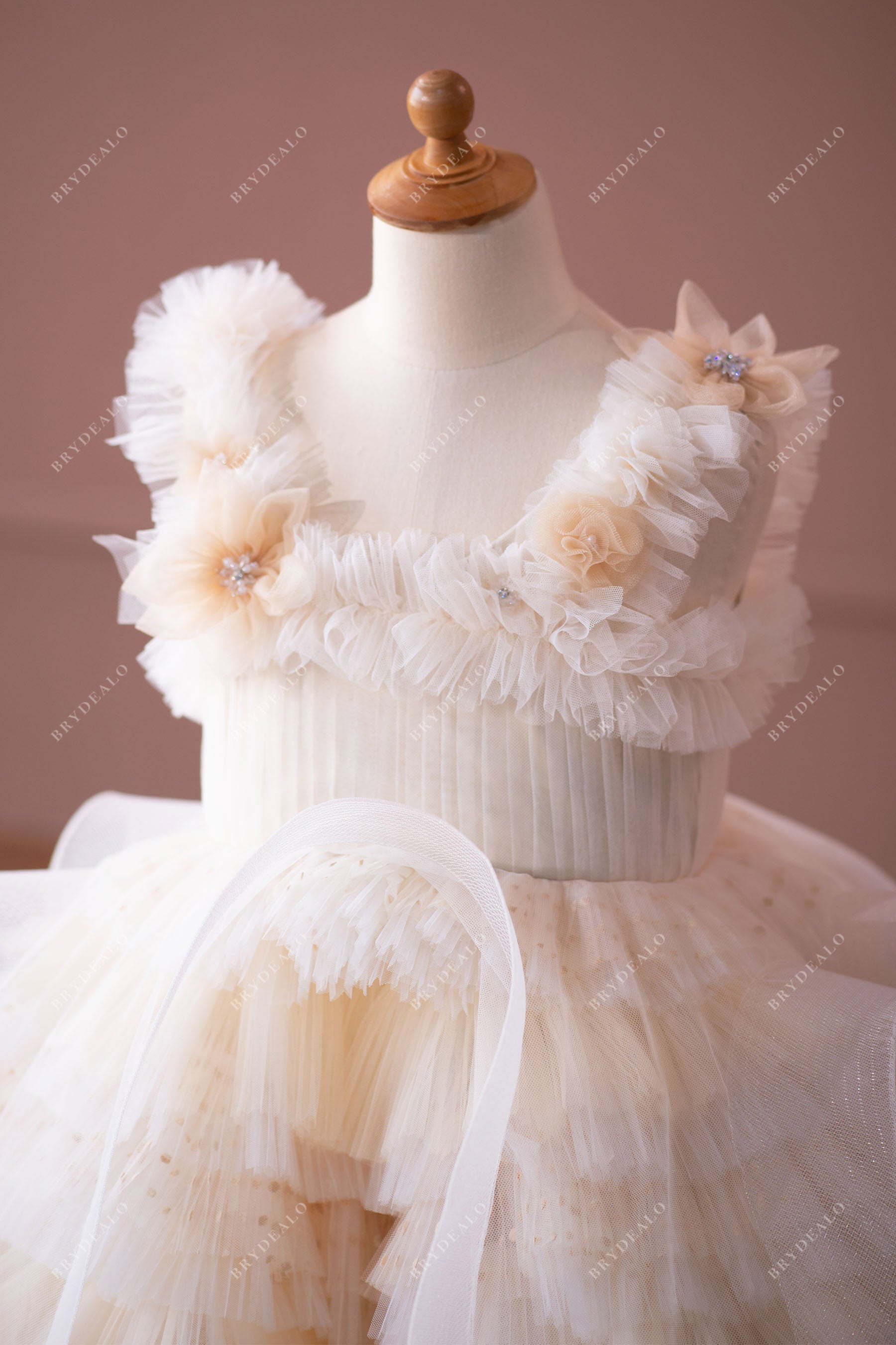 Haute Couture Flower Tiered Tulle Knee Length Kids Birthday Dress