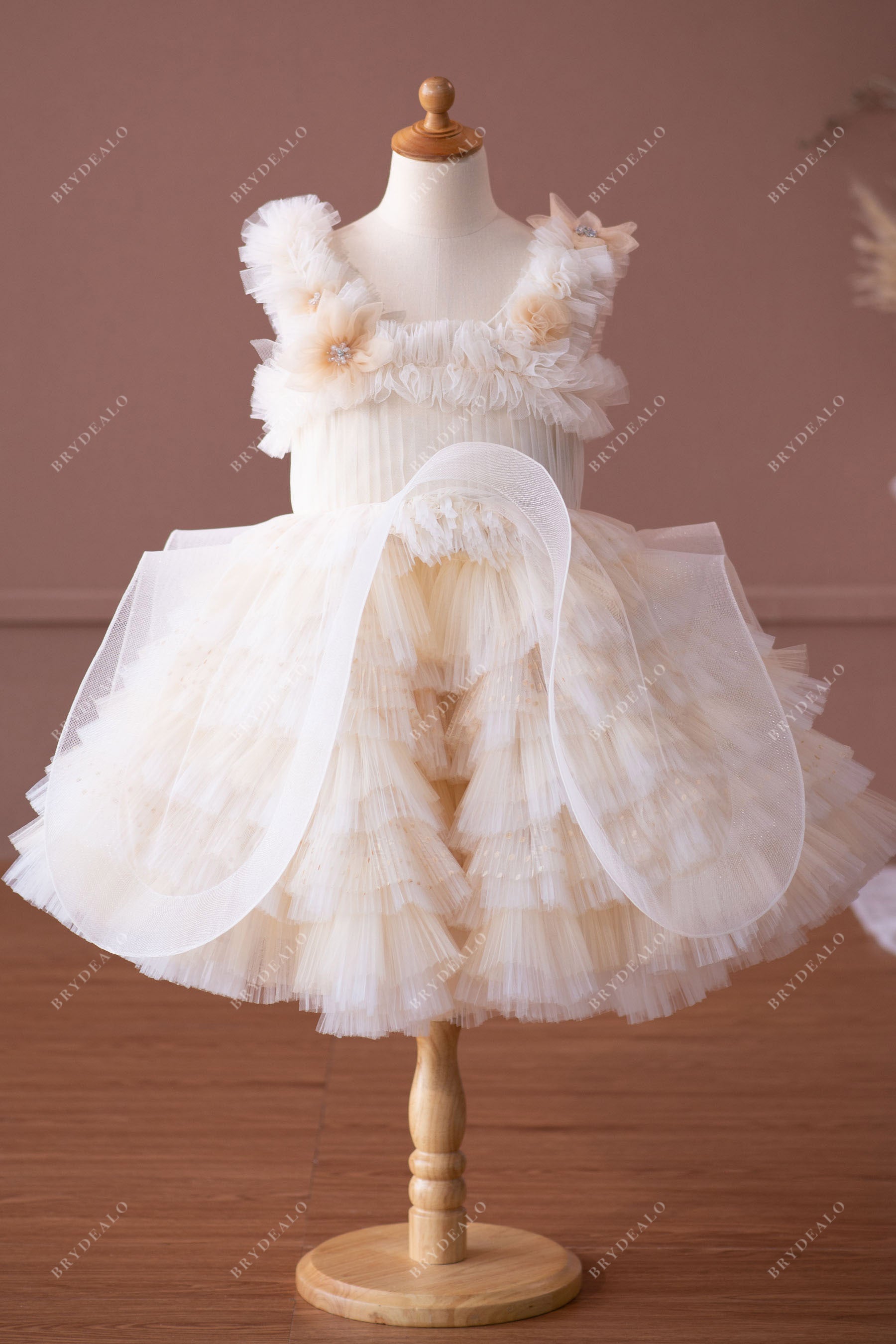 Haute Couture Flower Tiered Tulle Knee Length Kids Formal Wear