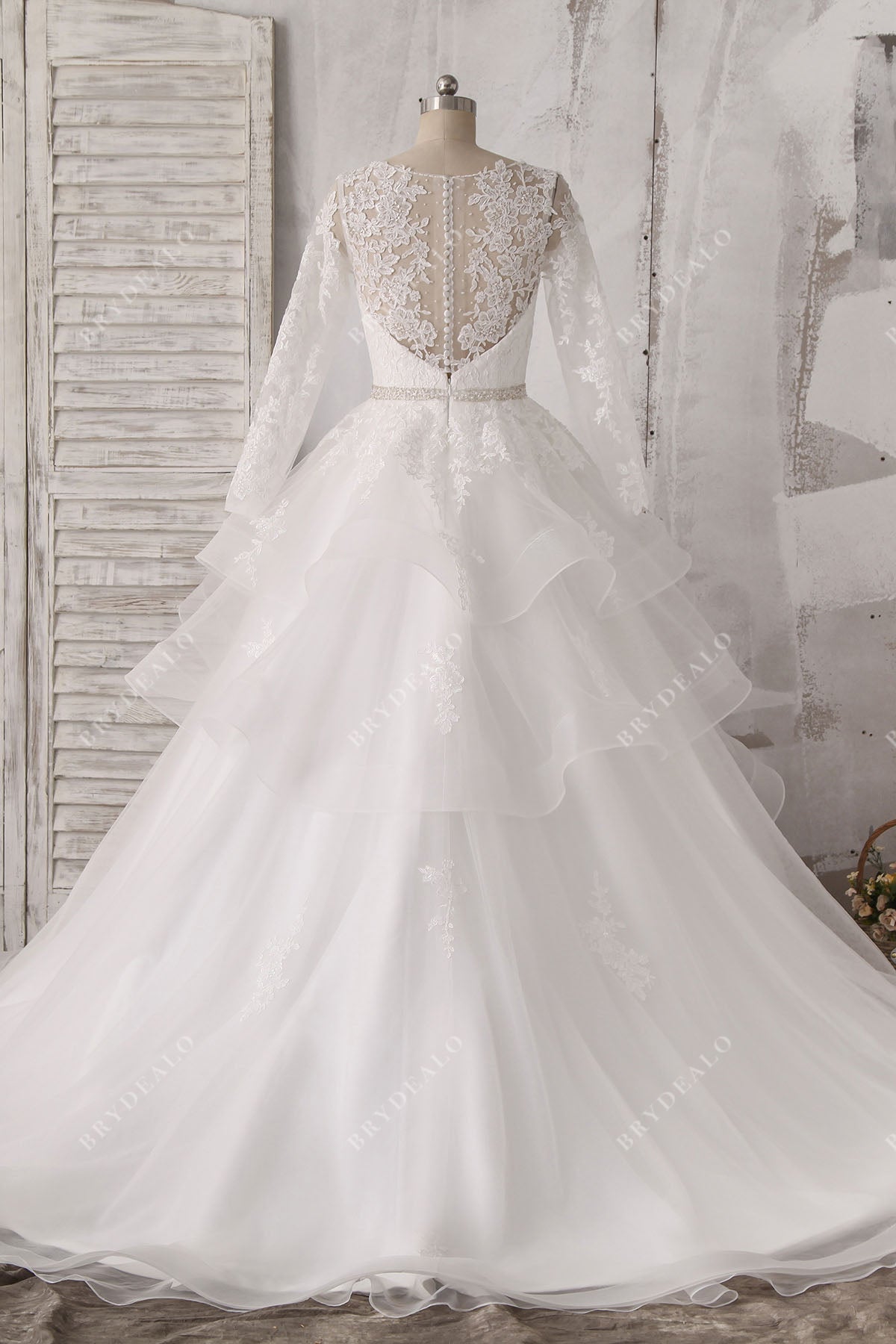 illusion back beaded lace tulle ruffled ball gown wedding dress
