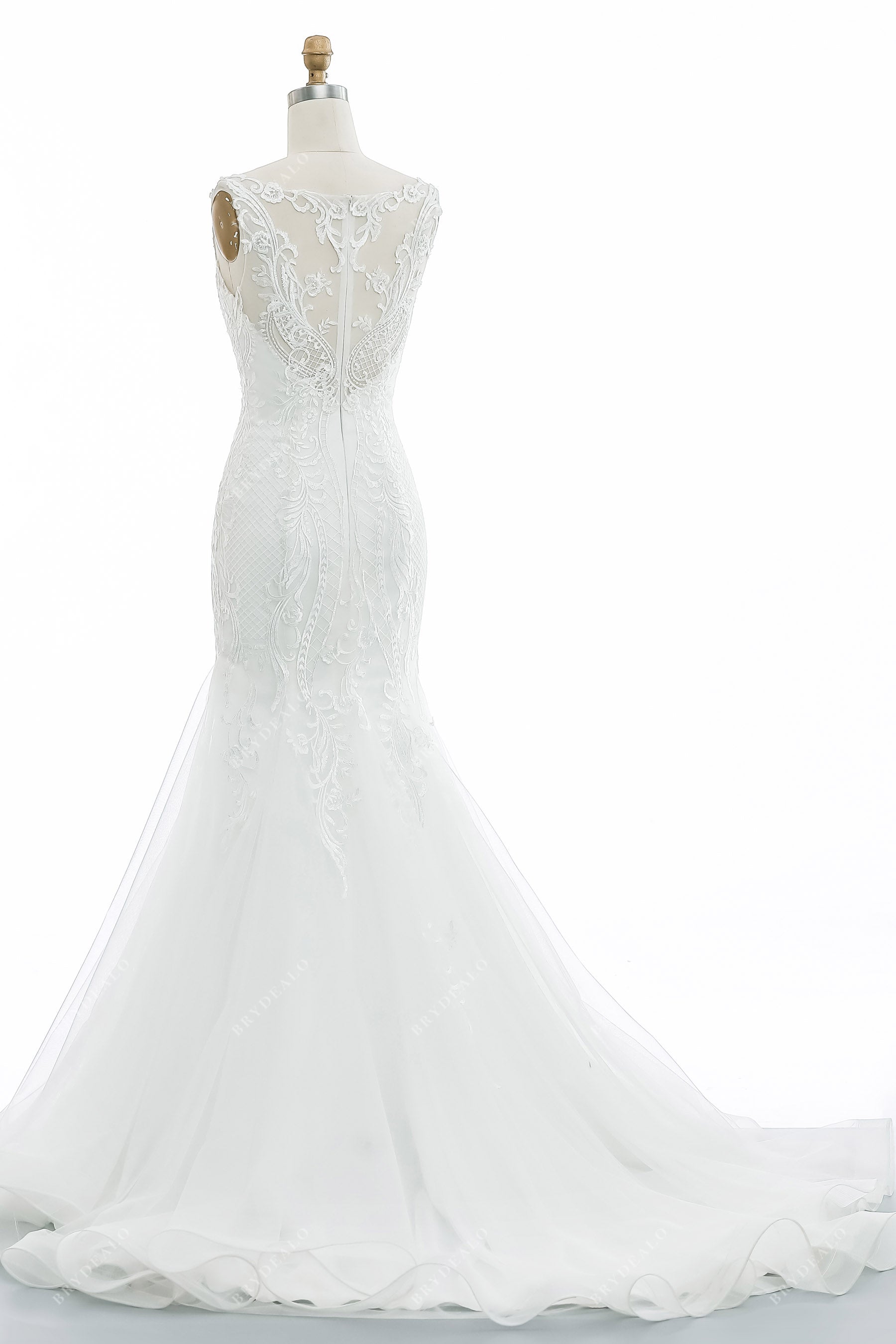 illusion back lace tulle mermaid sweep train wedding gown