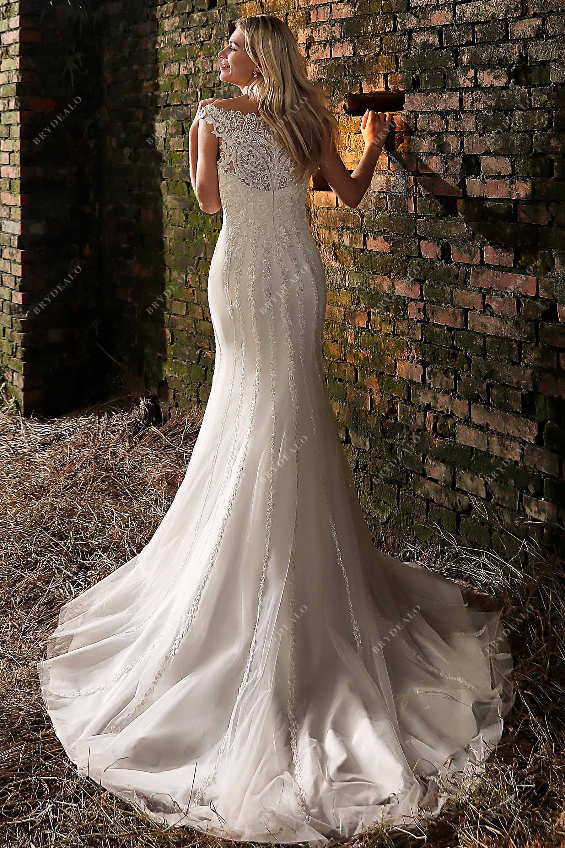 illusion back off-shoulder beaded lace mermaid bridal gown
