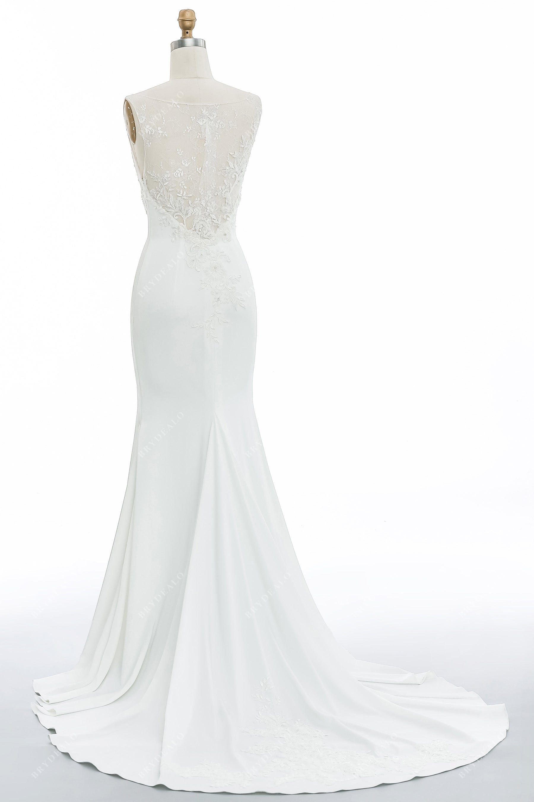 Illusion Back Sweep Train Beaded Lace Satin Mermaid Wedding Dress