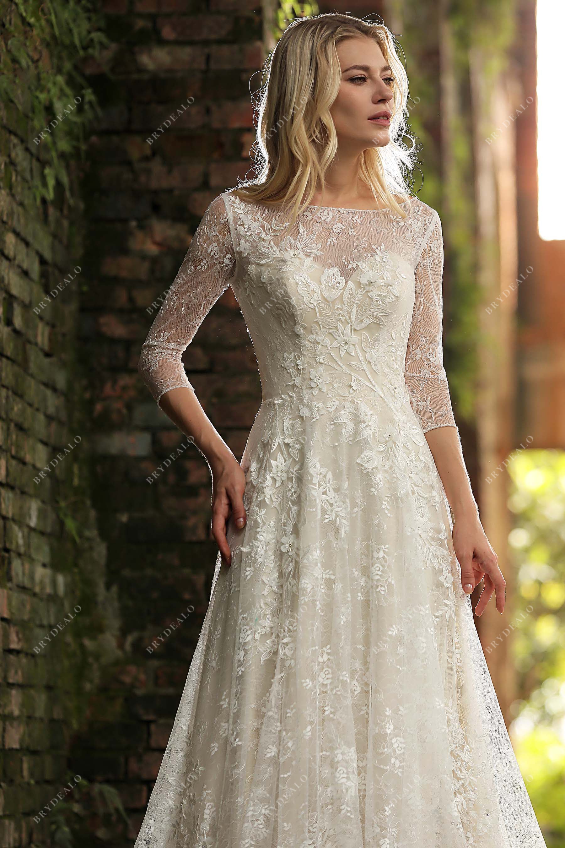 illusion bateau neck floral lace bridal gown