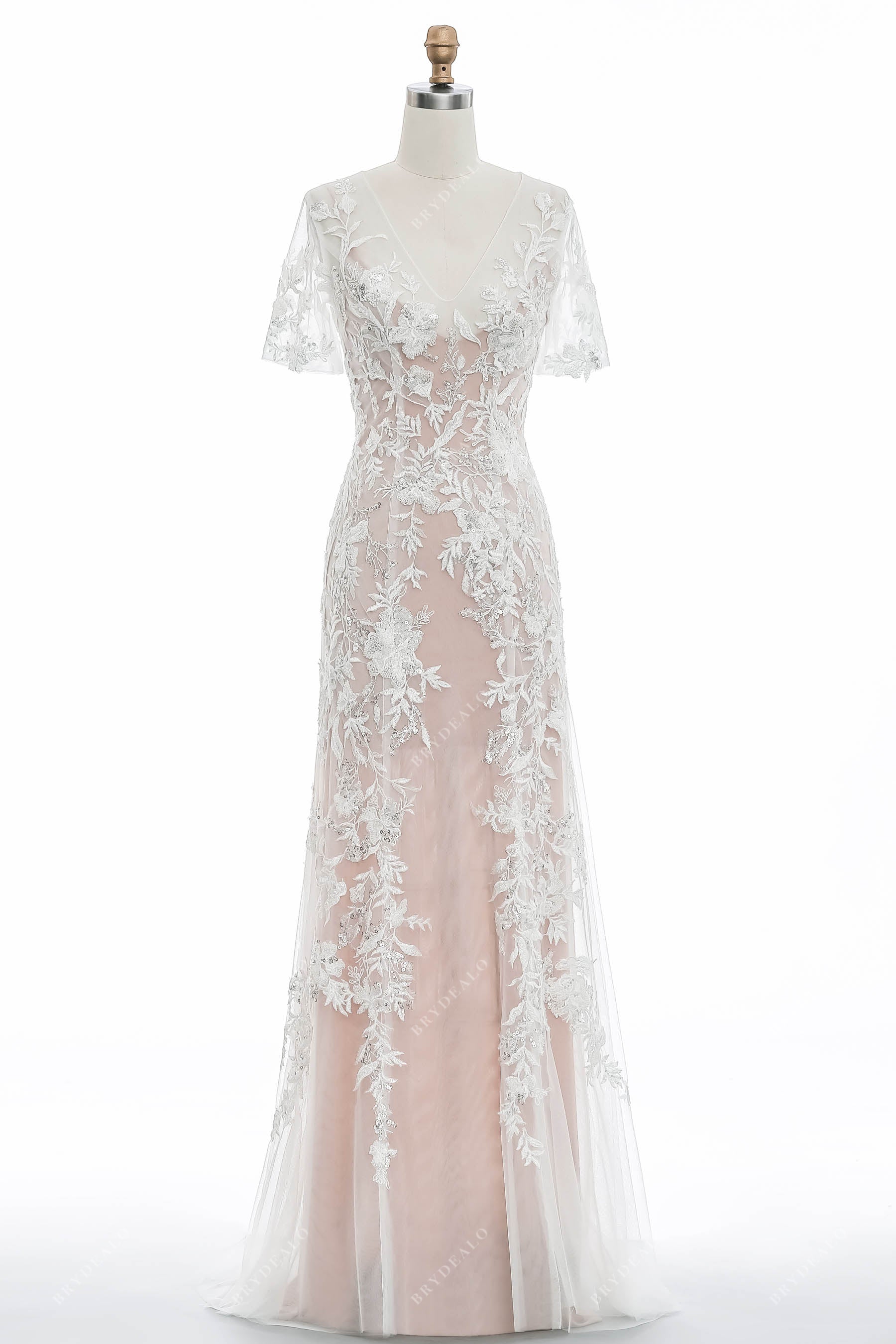 illusion dusty rose beaded lace sheath bridal gown