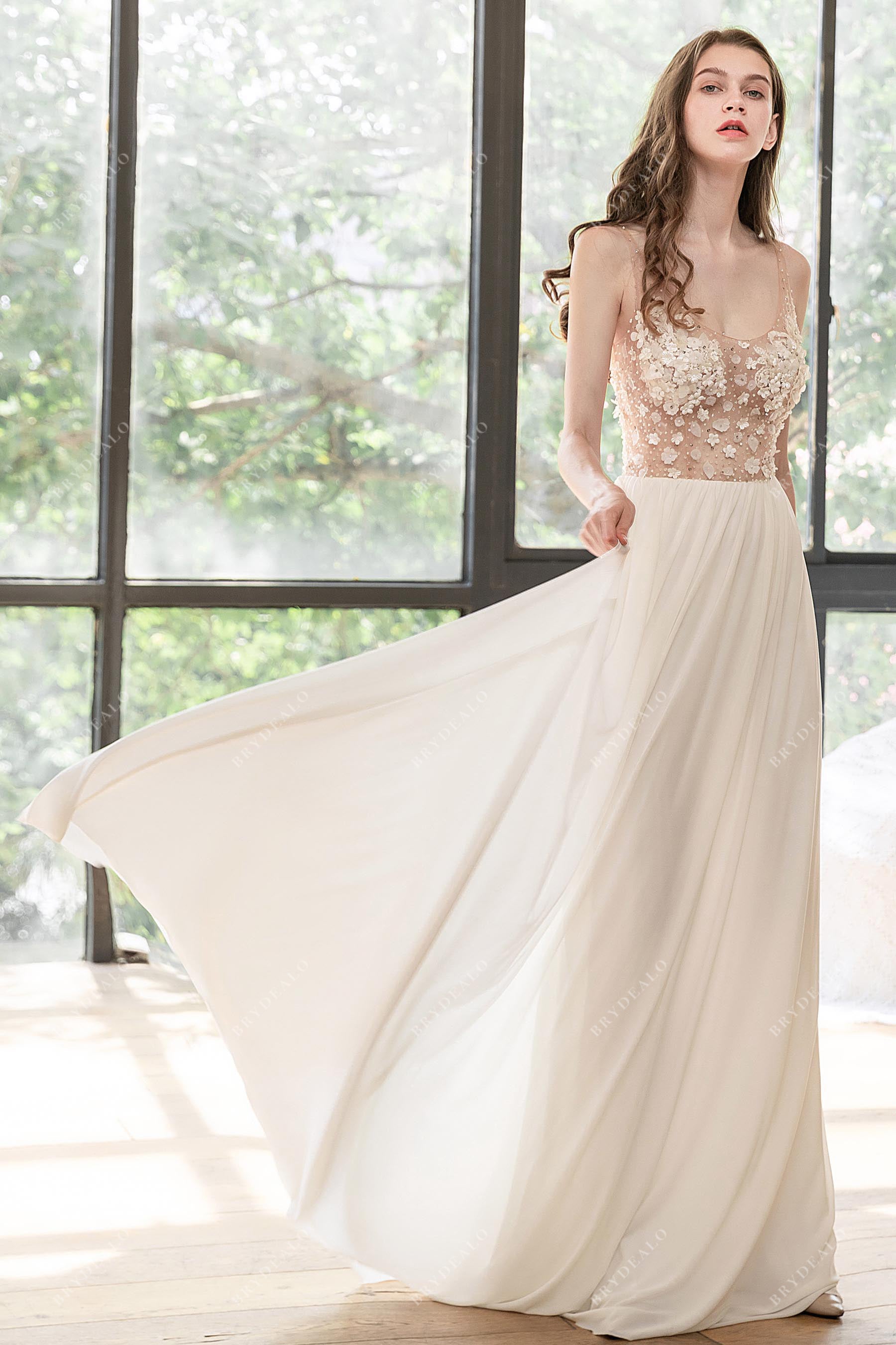 illusion flower crystals slim A-line chiffon wedding gown