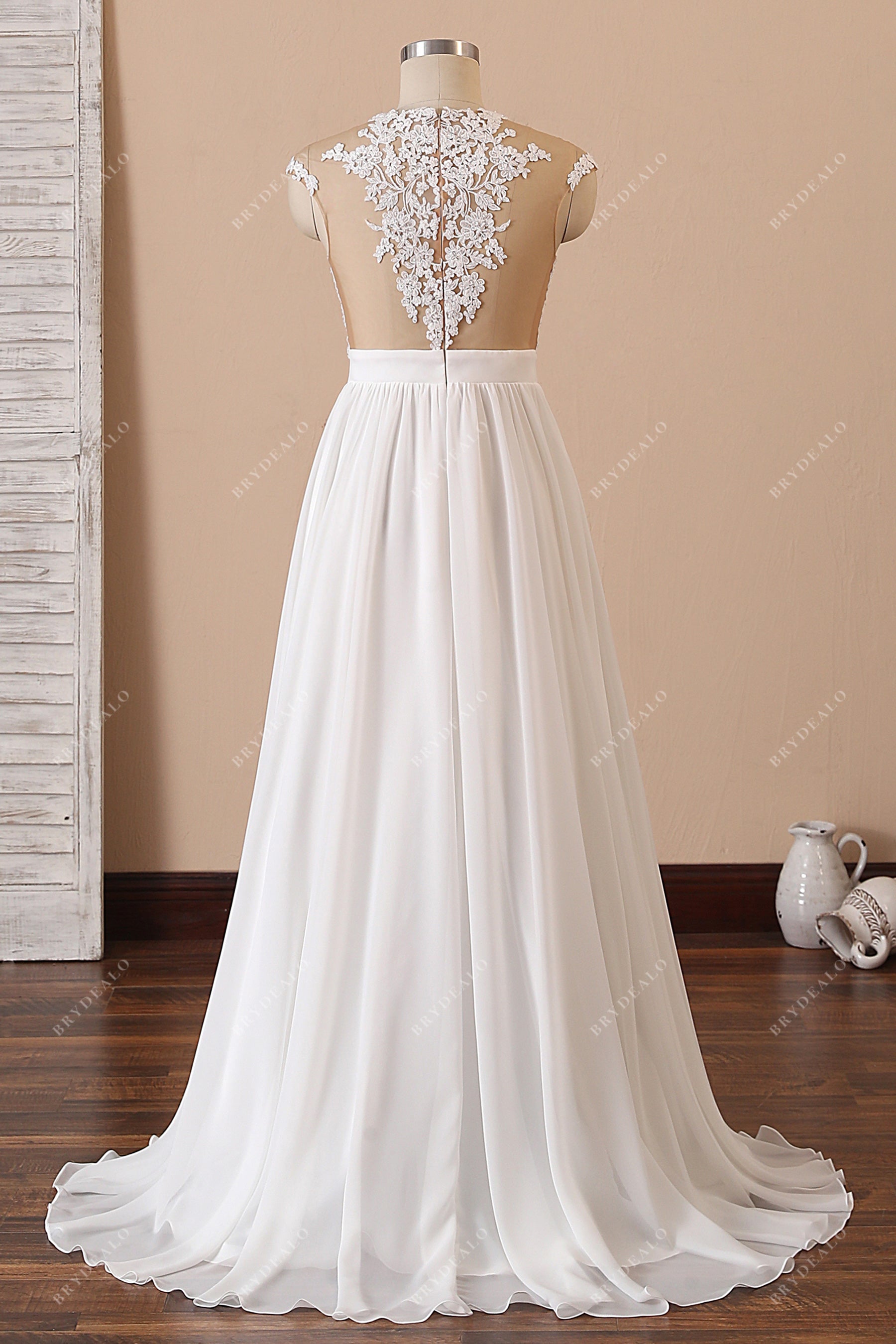 illusion lace back chiffon A-line wedding dress