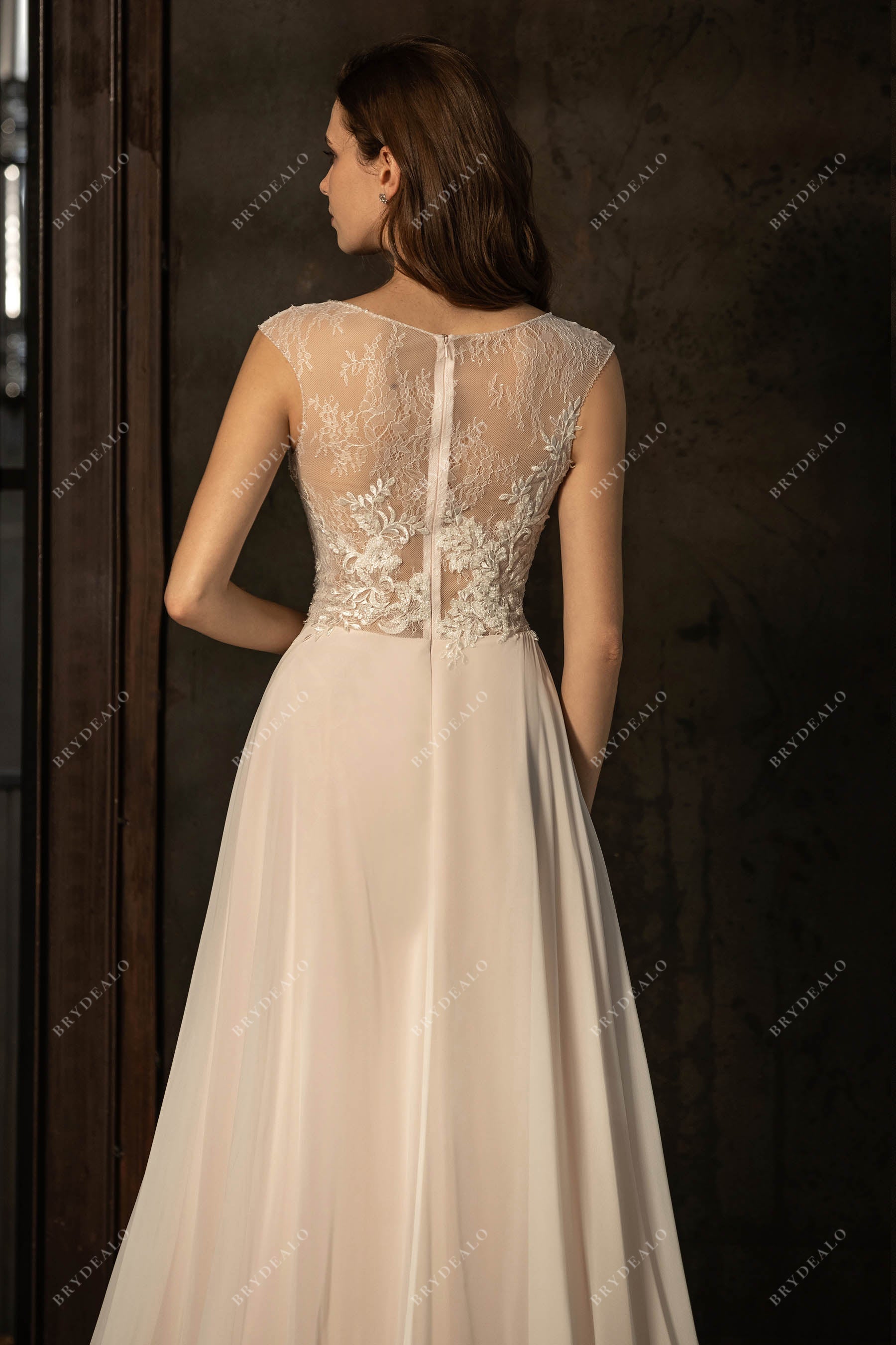 Illusion Lace Back Flowy Chiffon Wedding Dress