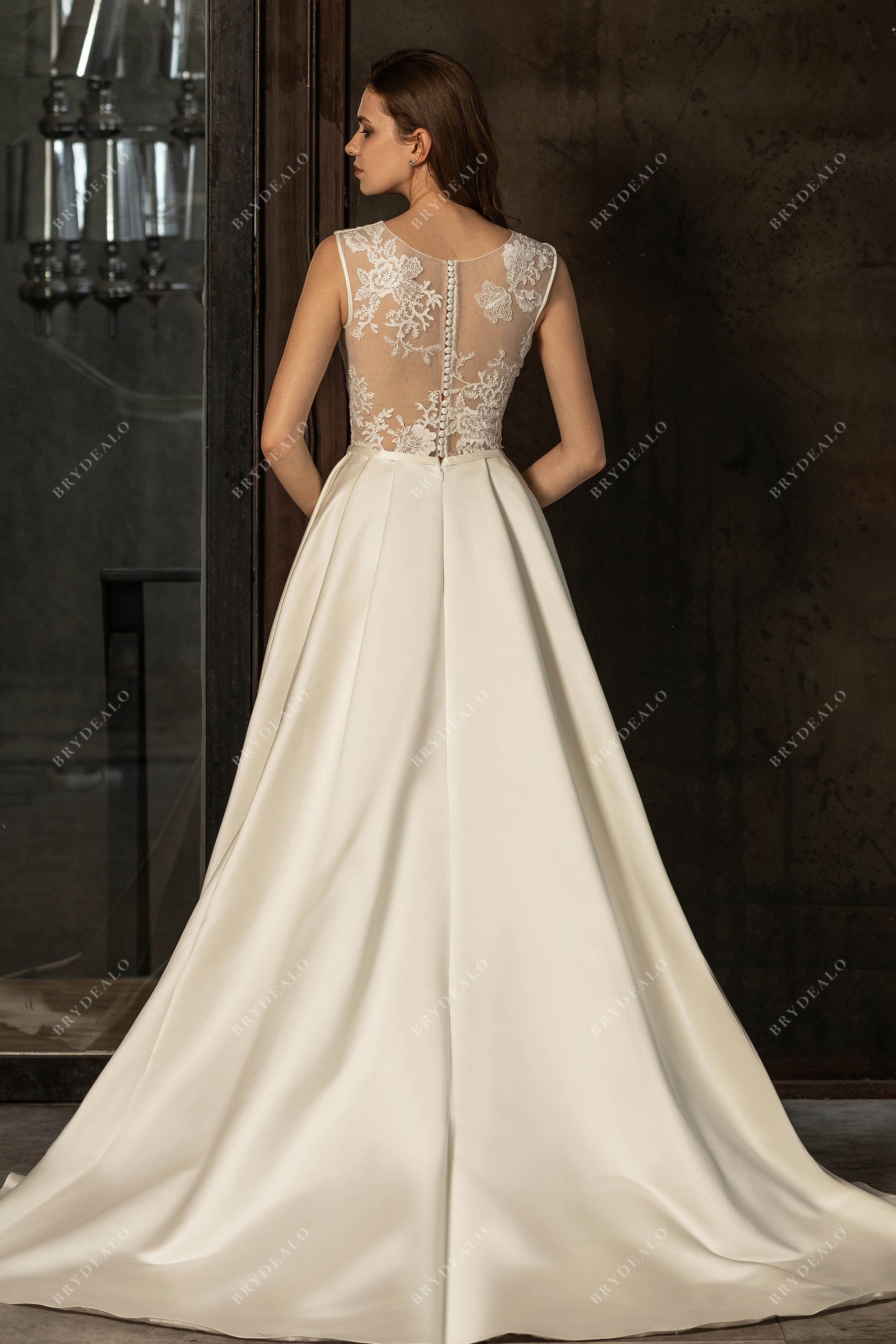 illusion lace back ivory satin elegant A-line bridal dress
