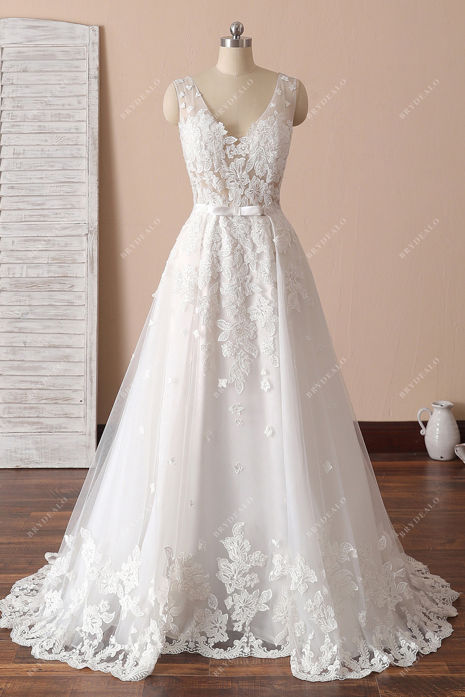 illusion lace mermaid bridal gown with overskirt