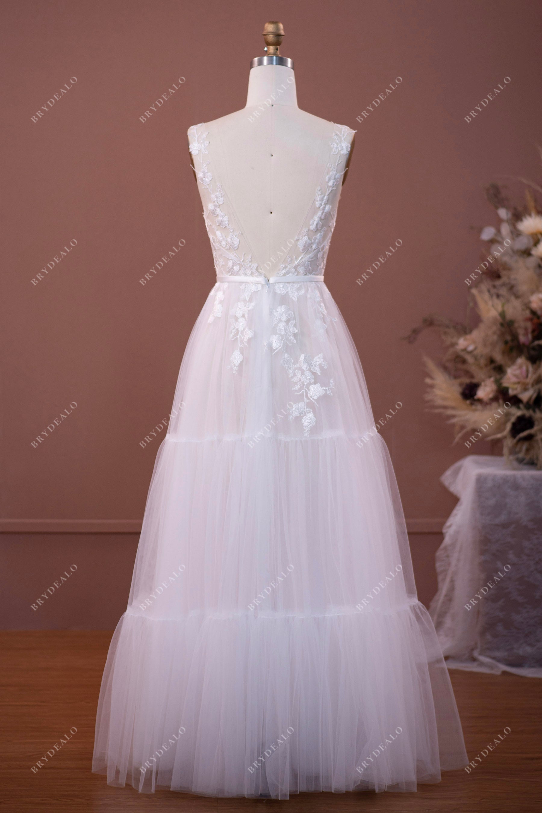 Illusion Lace Tulle Open Back Beach Wedding Dress