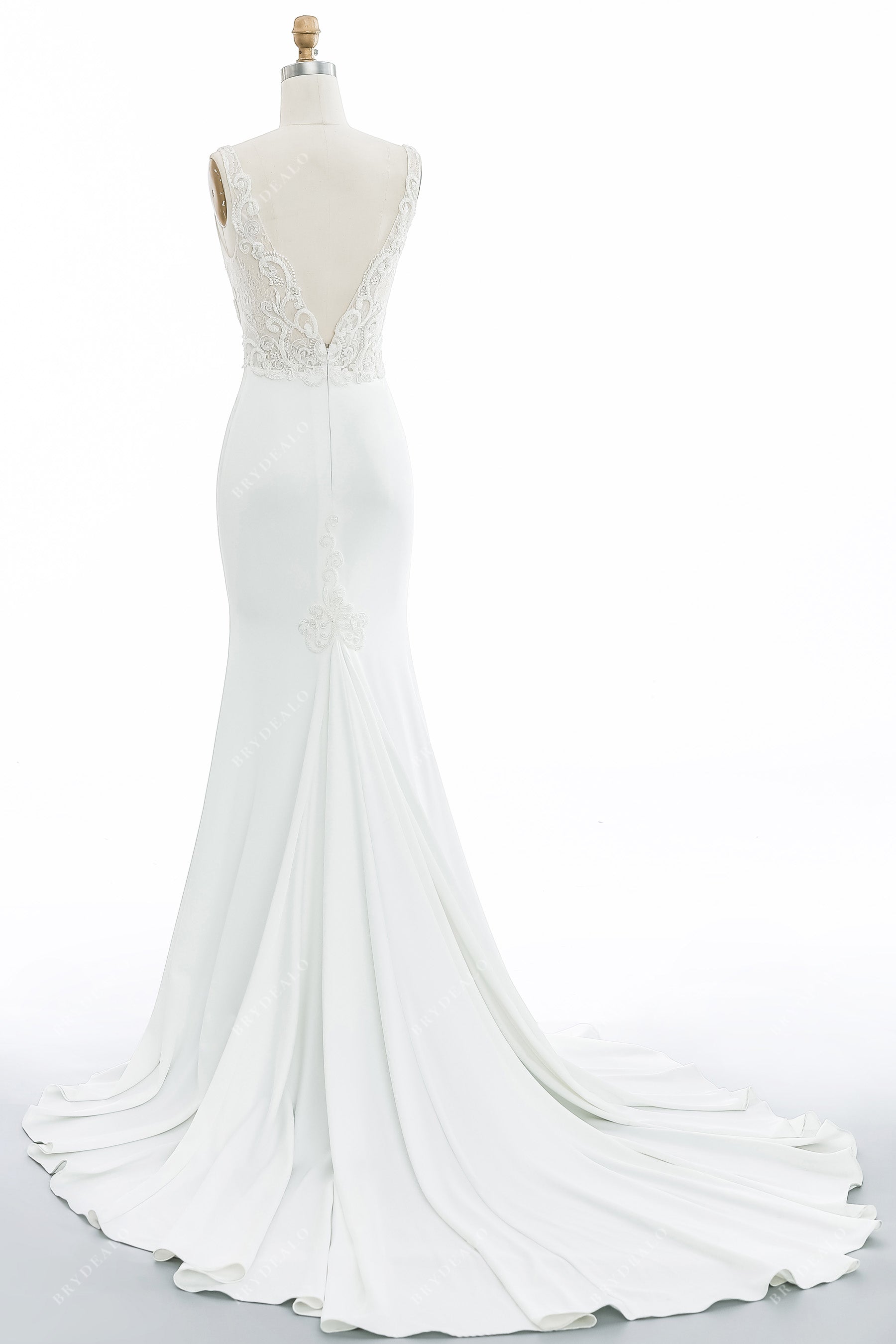 illusion lace V-back mermaid satin wedding gown