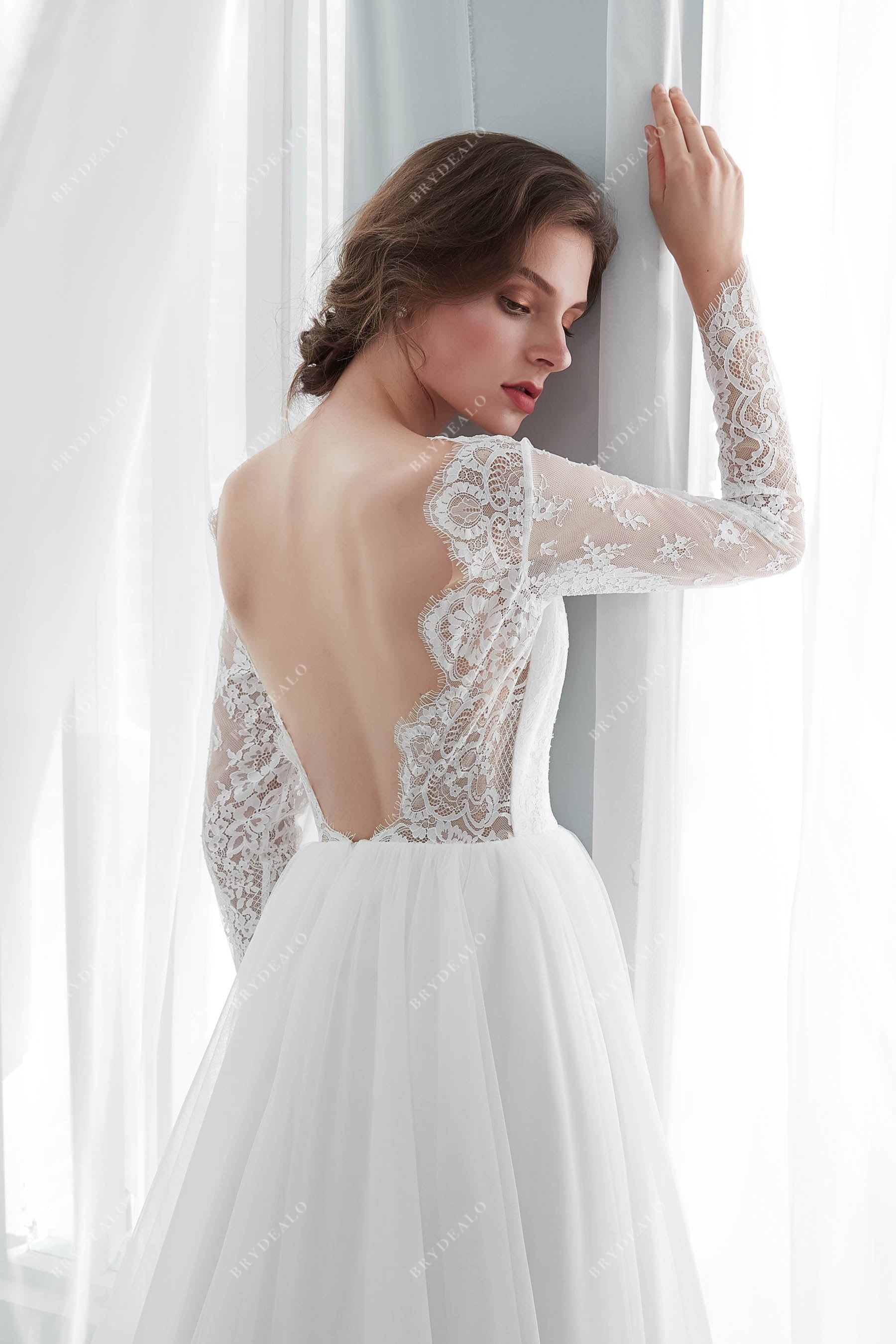 Illusion Long Sleeve Scallop Neck Wedding Dress Online