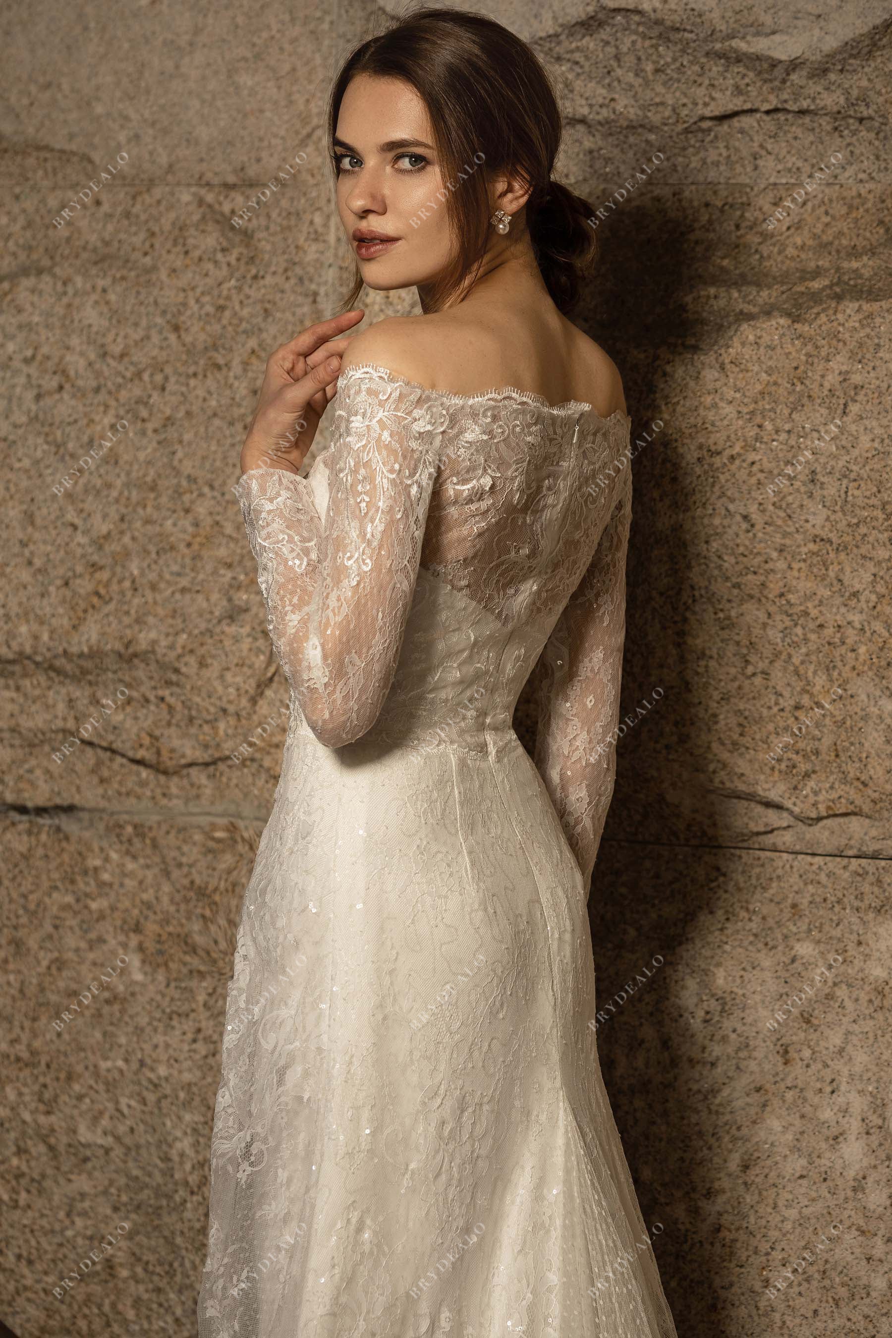 illusion off-shoulder long sleeve lace bridal dress