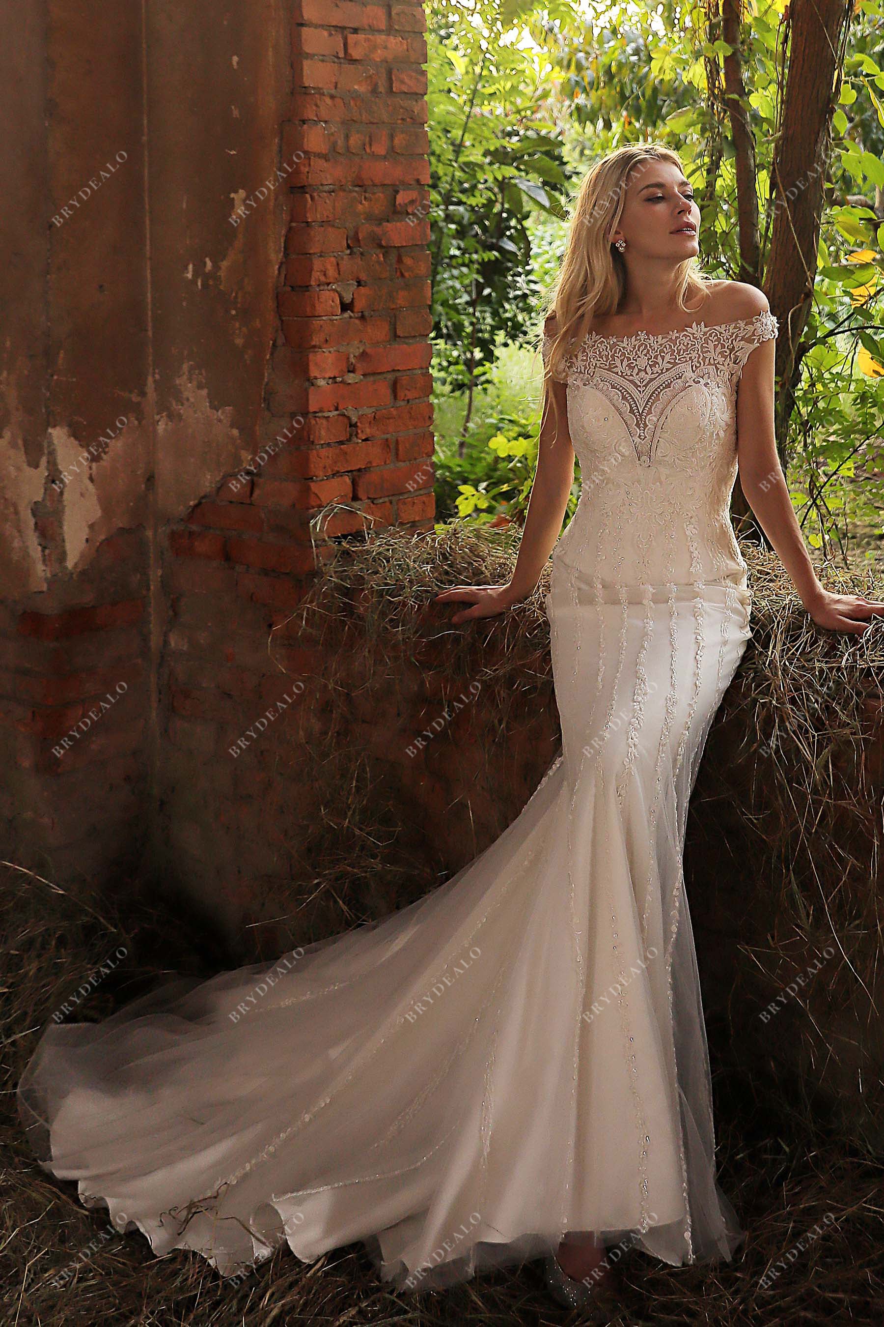 illusion off-shoulder beaded lace mermaid wedding dress