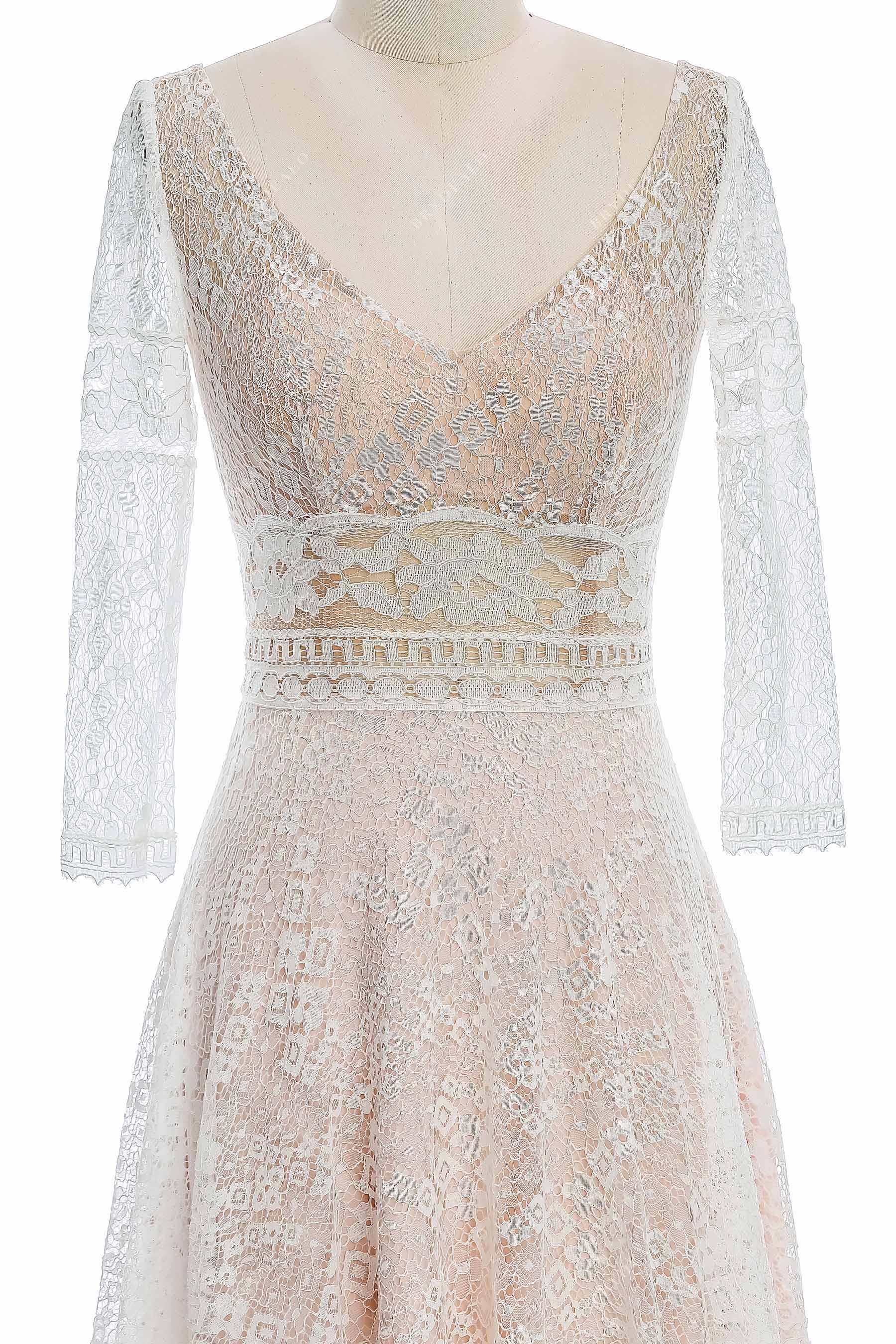 illusion sleeve V-neck lace casual wedding gown