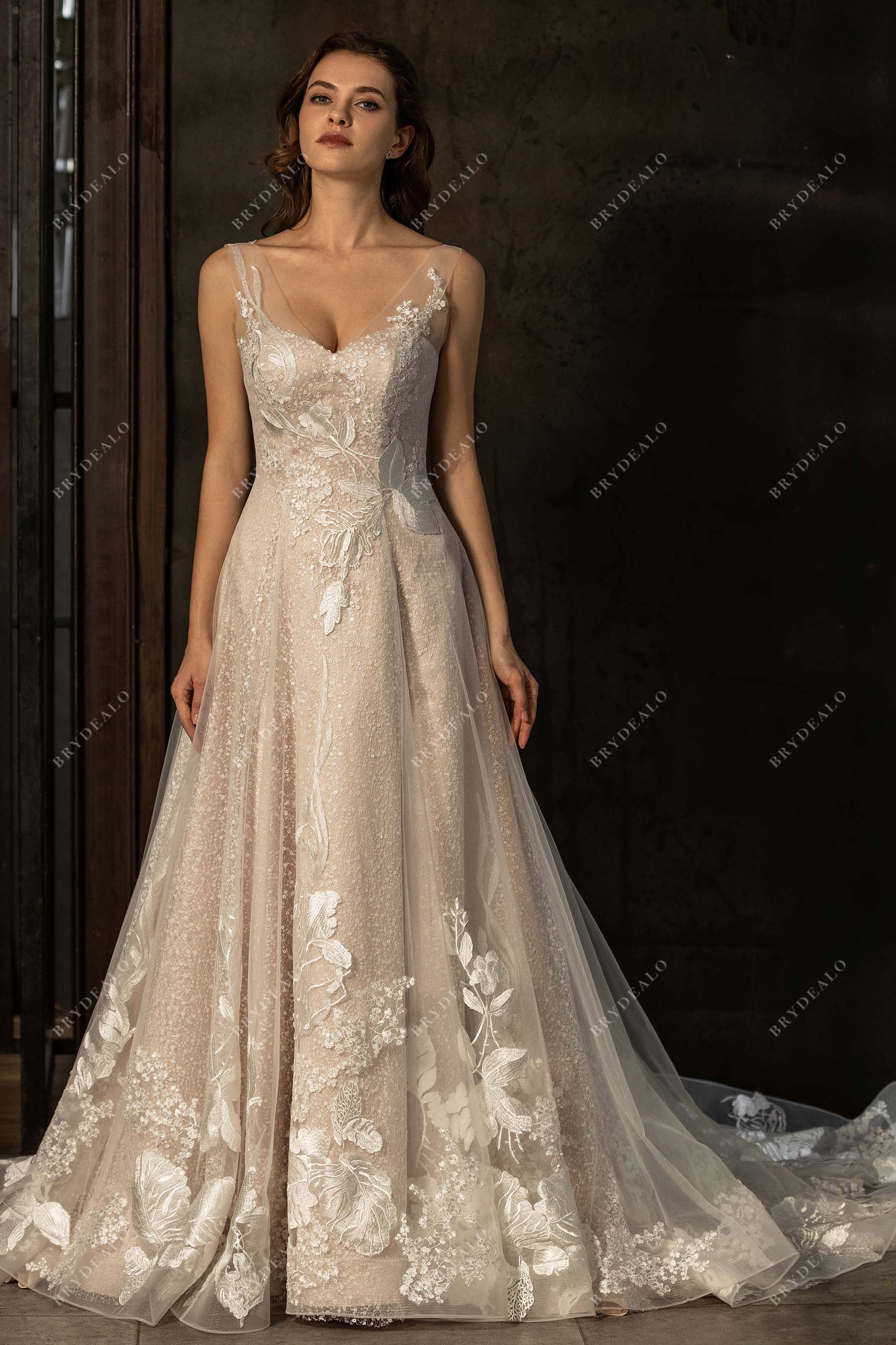 illusion strap lace sequin ruffled hem long wedding dress