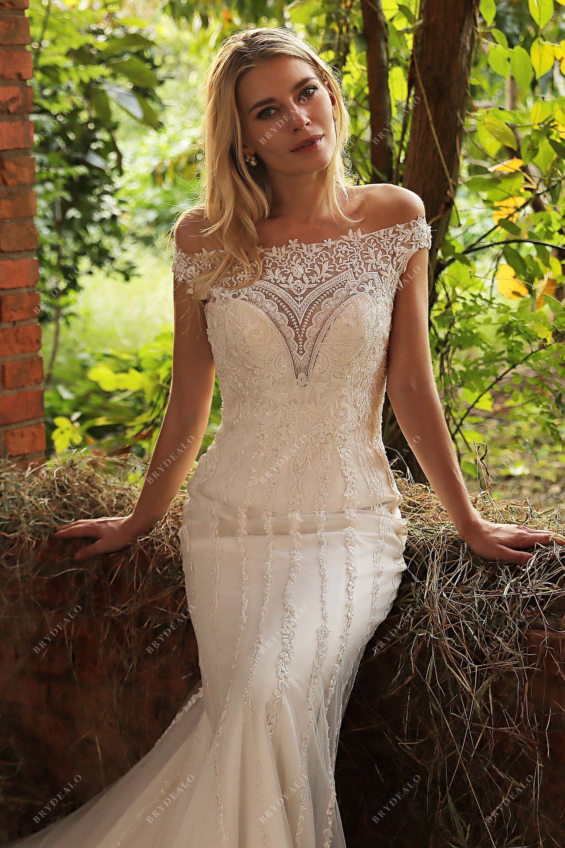 illusion sweetheart neck off-shoulder beaded lace wedding gown