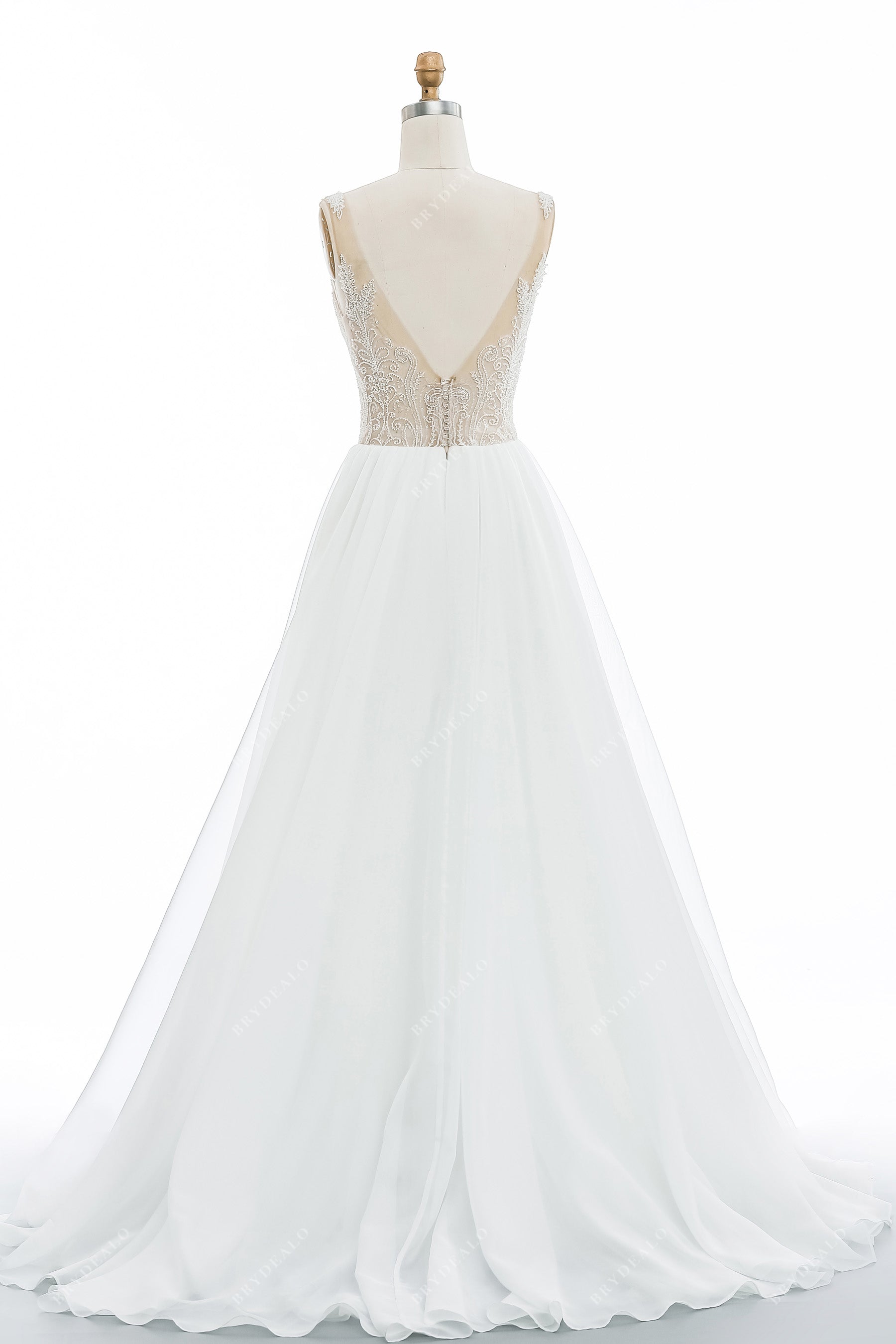 illusion V-back A-line wedding gown