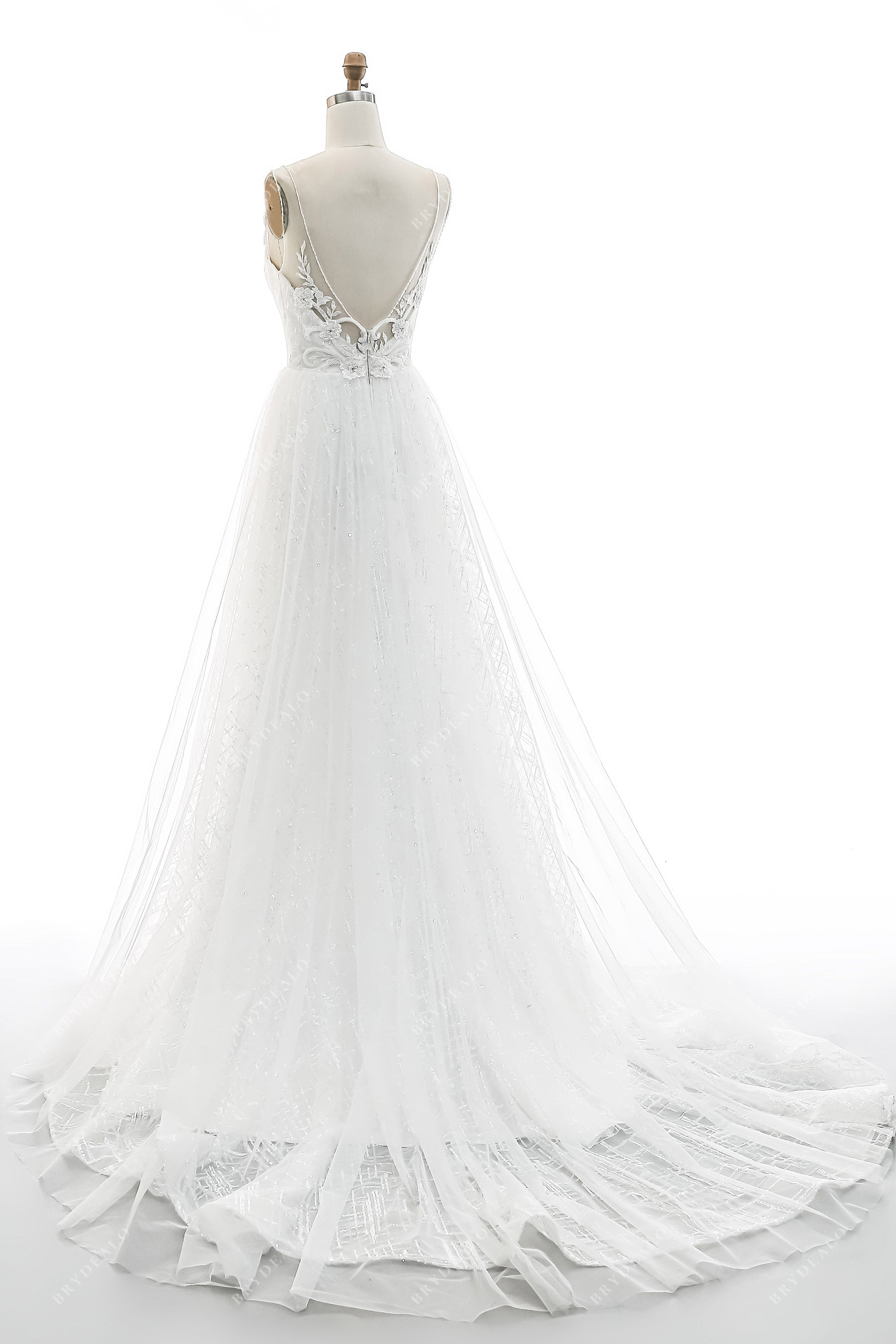 Illusion V-back A-line Sequined Bridal Dress