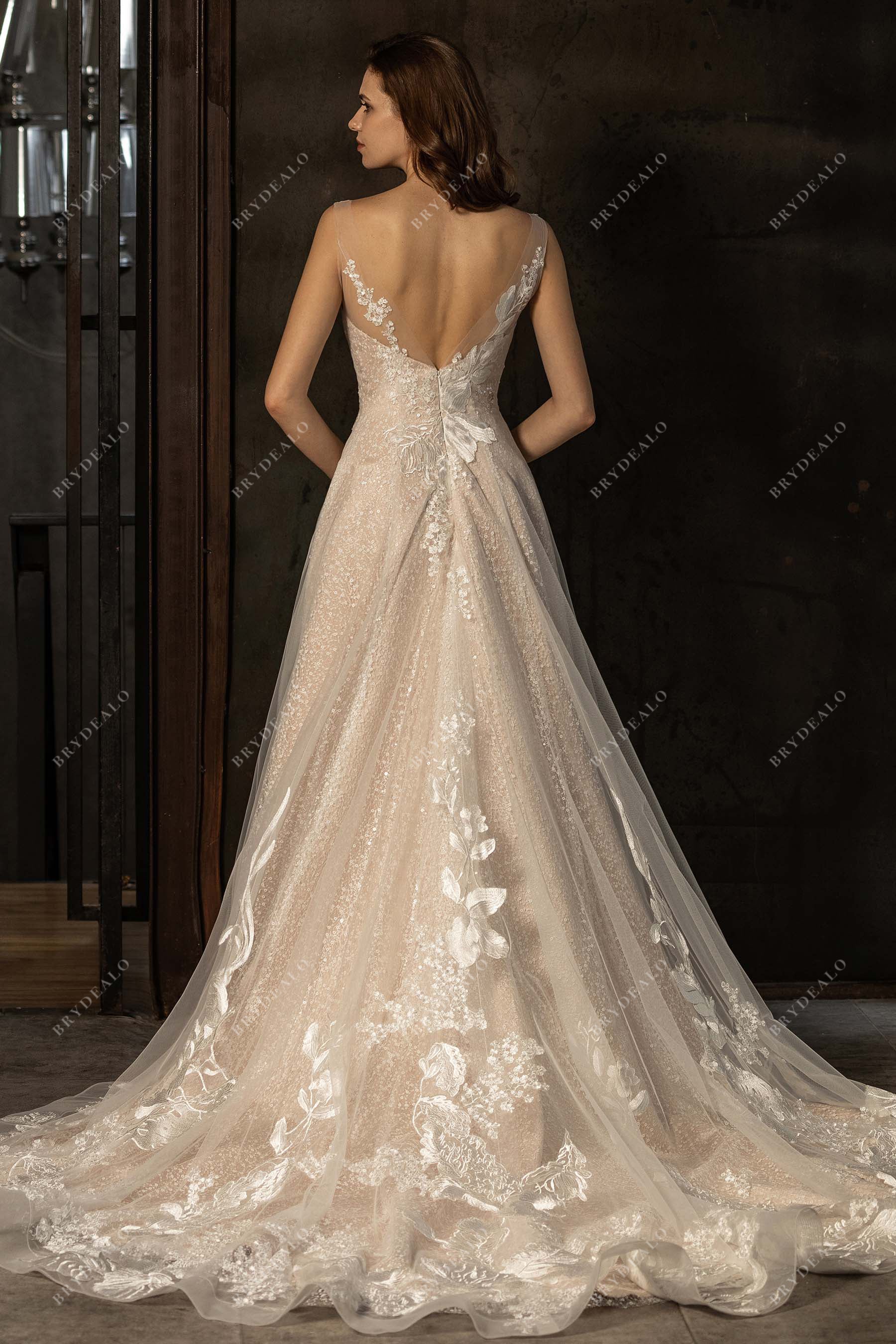 illusion V-back lace sequin ruffled court train wedding gown