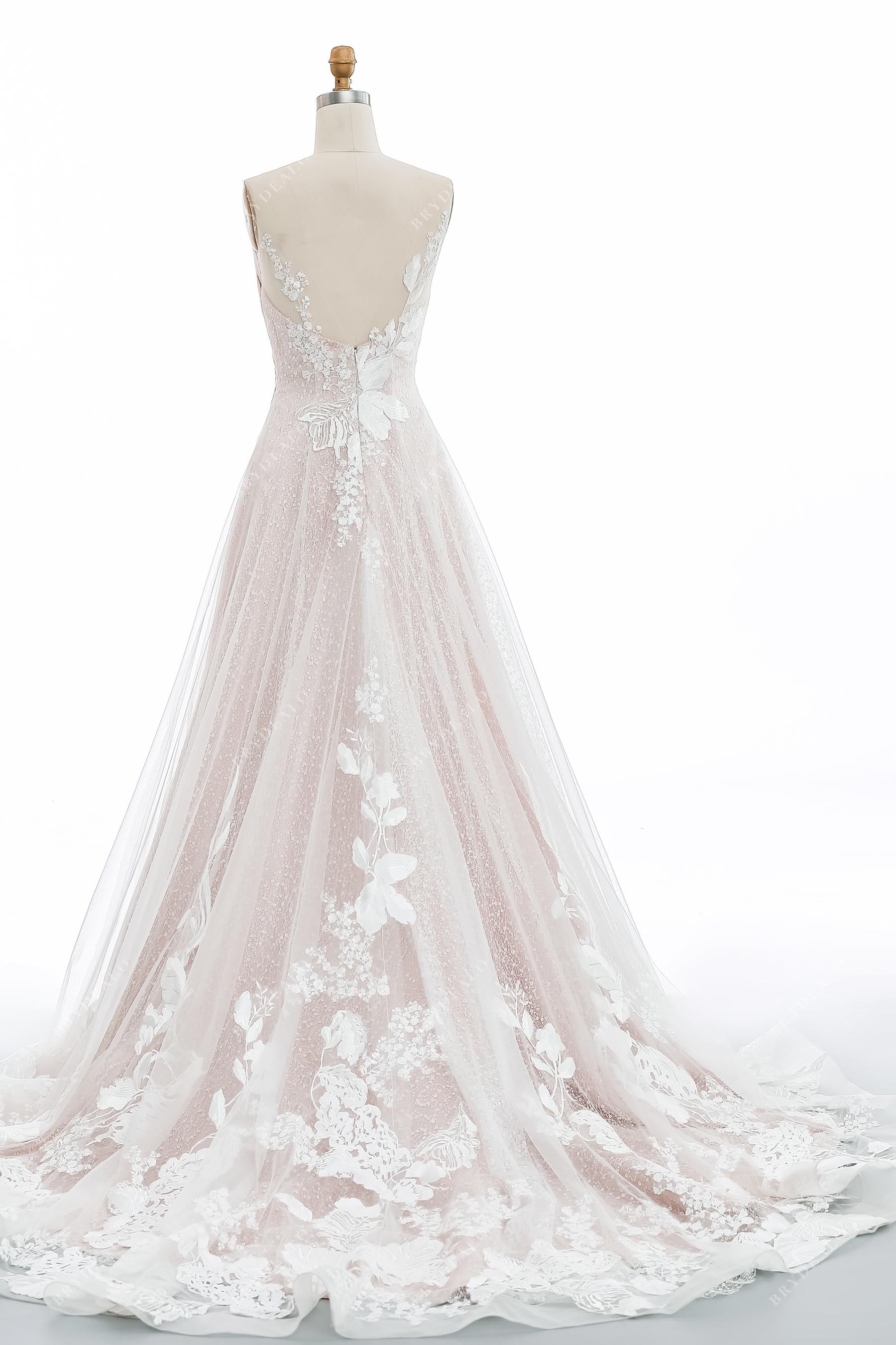 illusion V-back lace sequin ruffled hem long wedding gown