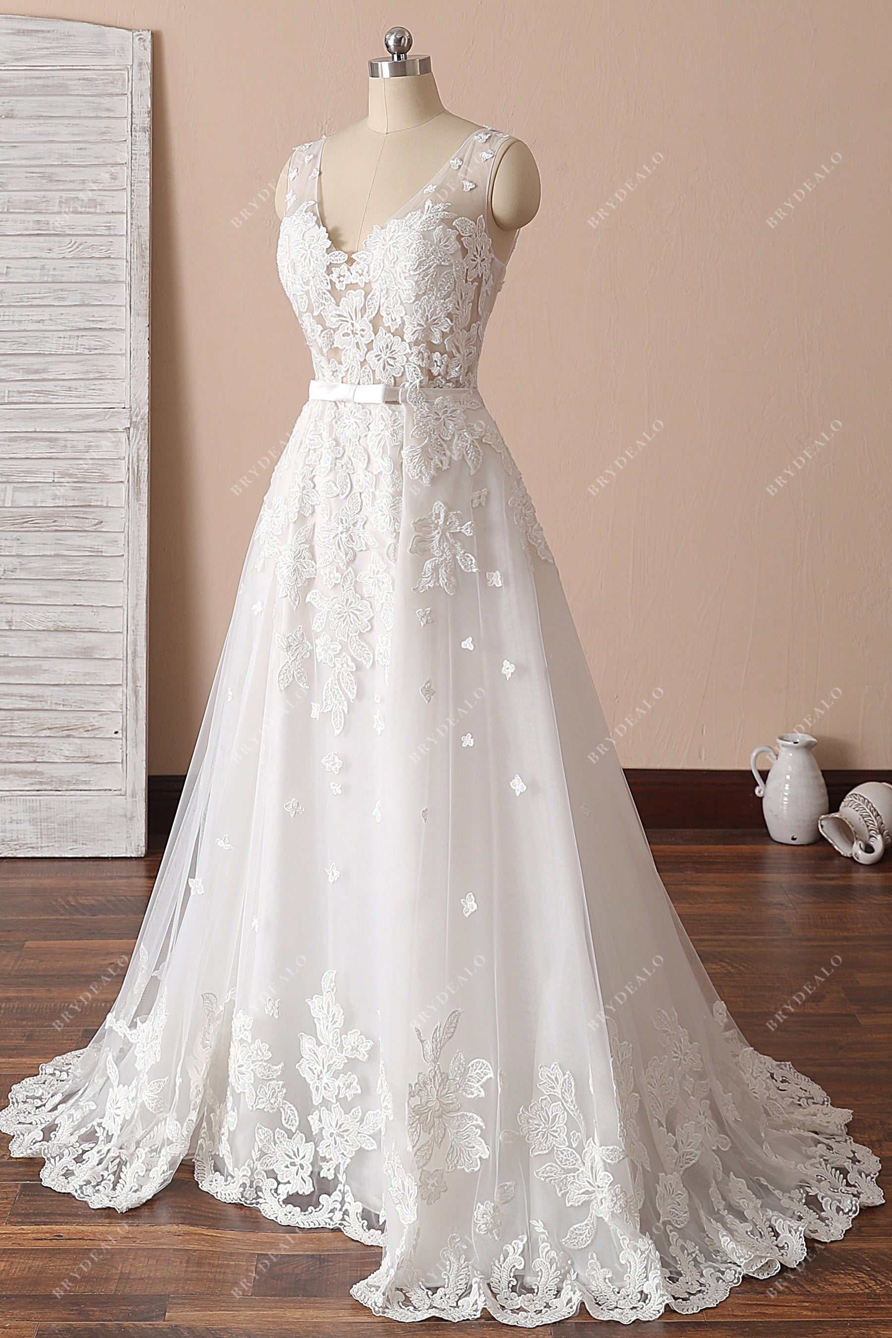 illusion V-neck lace tulle overskirt bridal gown