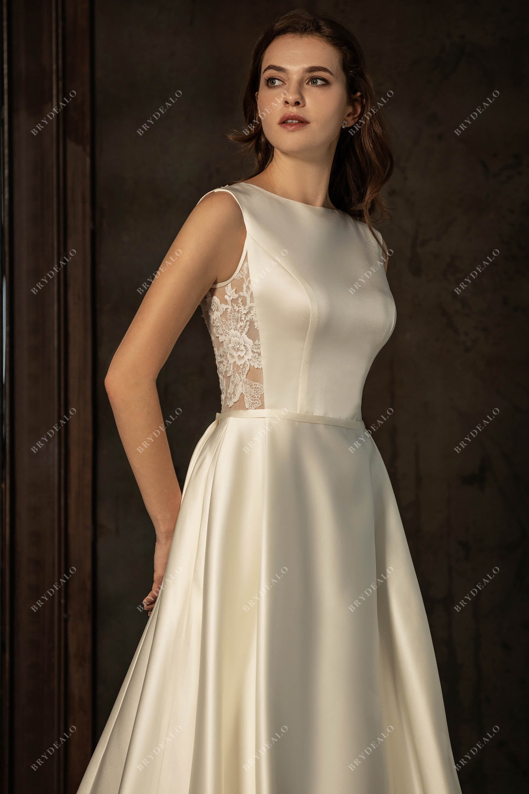 ivory bateau neck satin illusion lace back wedding dress